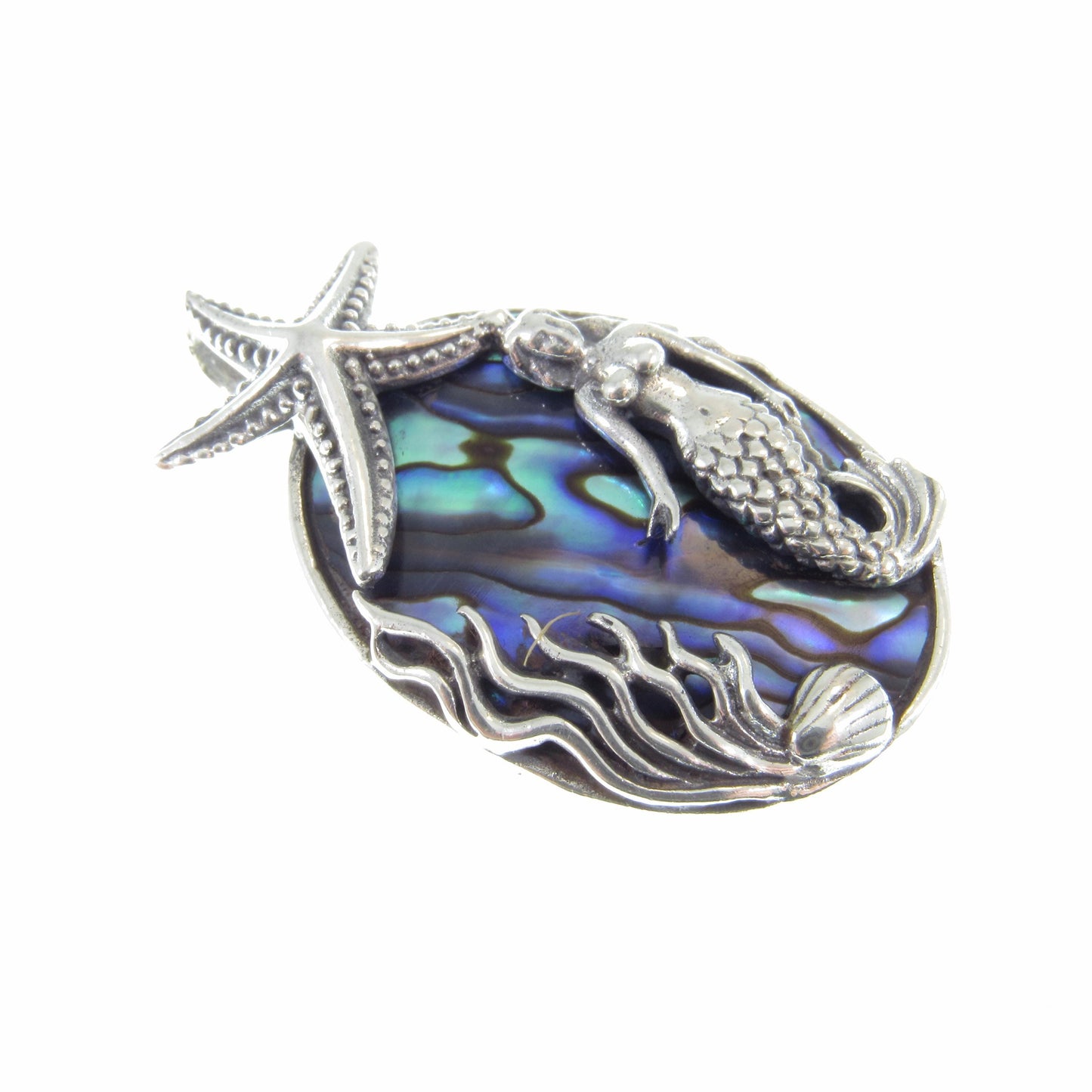 Solid 925 Sterling Silver and Abalone Shell Slide Pendant – Handcrafted Mermaid & Starfish Pendant – Ocean-Inspired Jewelry – Nautical Gift