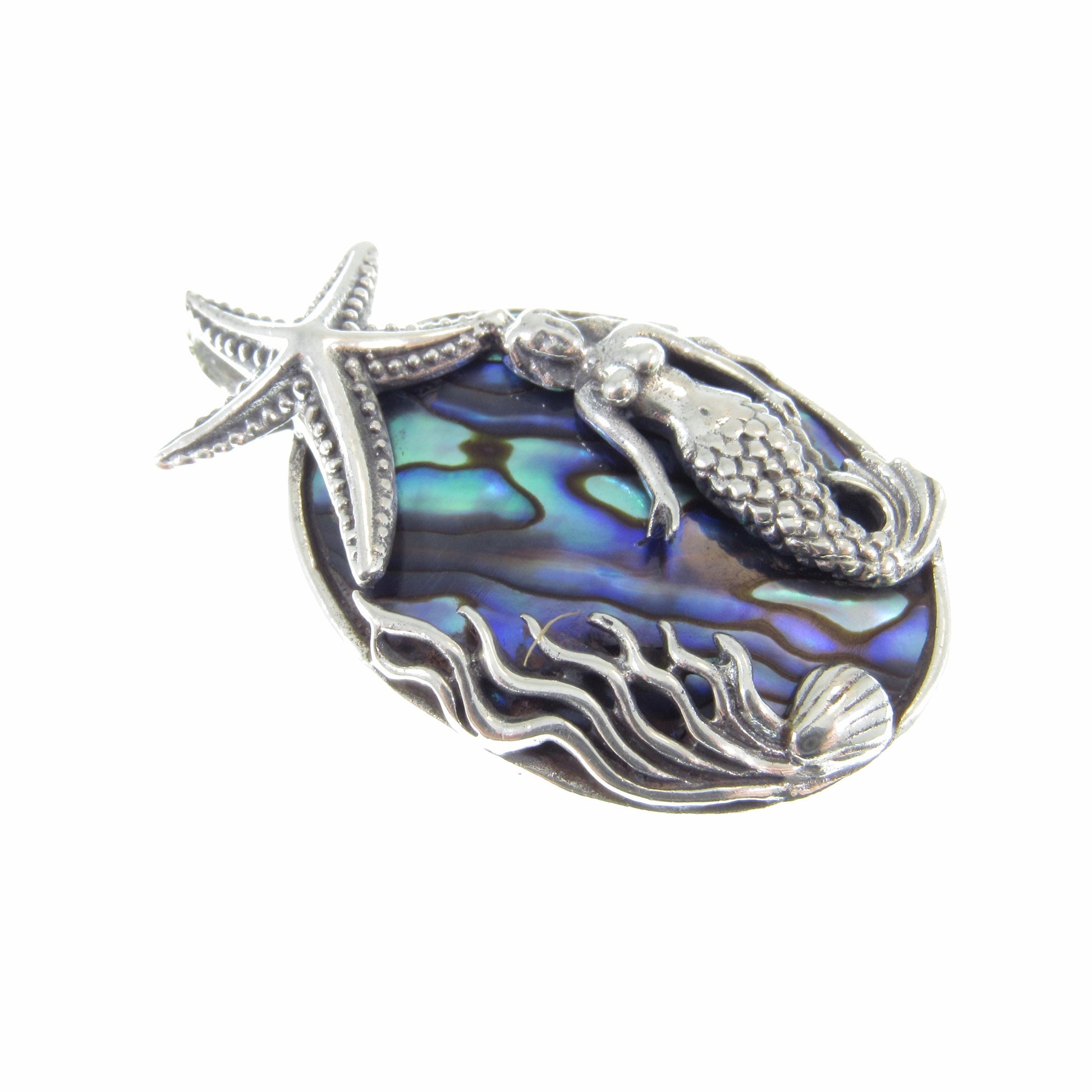 Solid 925 Sterling Silver and Abalone Shell Slide Pendant – Handcrafted Mermaid & Starfish Pendant – Ocean-Inspired Jewelry – Nautical Gift