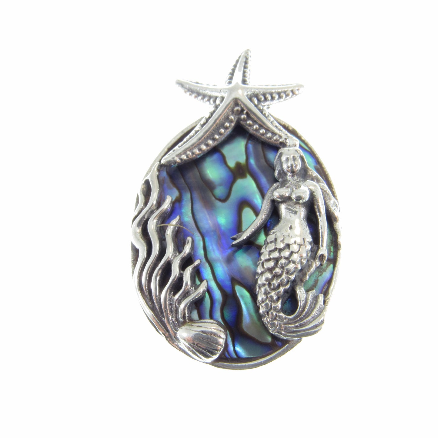 Solid 925 Sterling Silver and Abalone Shell Slide Pendant – Handcrafted Mermaid & Starfish Pendant – Ocean-Inspired Jewelry – Nautical Gift