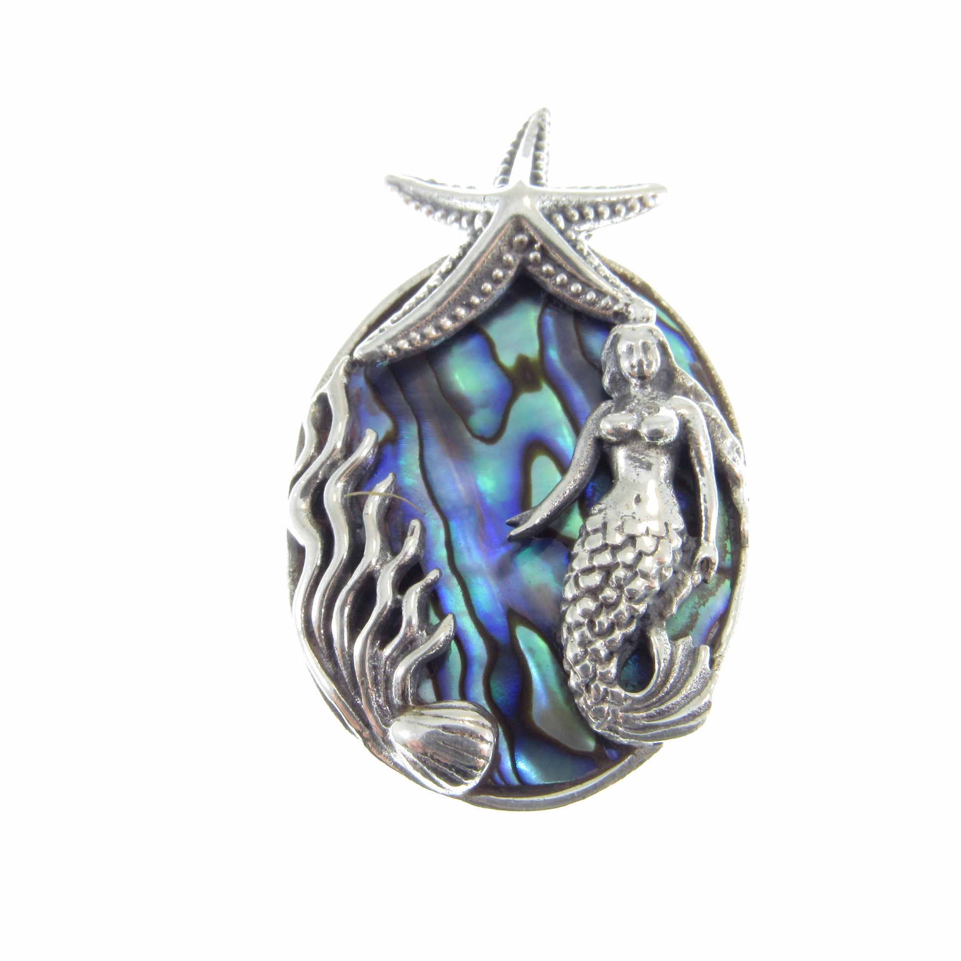Solid 925 Sterling Silver and Abalone Shell Slide Pendant – Handcrafted Mermaid & Starfish Pendant – Ocean-Inspired Jewelry – Nautical Gift
