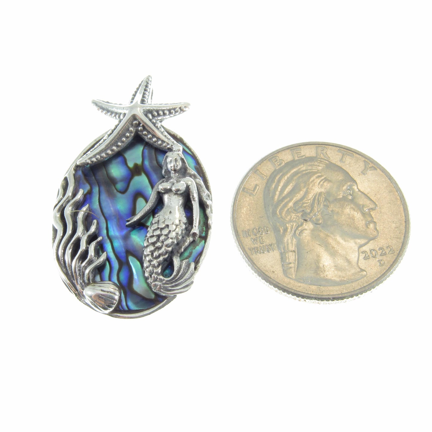 Solid 925 Sterling Silver and Abalone Shell Slide Pendant – Handcrafted Mermaid & Starfish Pendant – Ocean-Inspired Jewelry – Nautical Gift