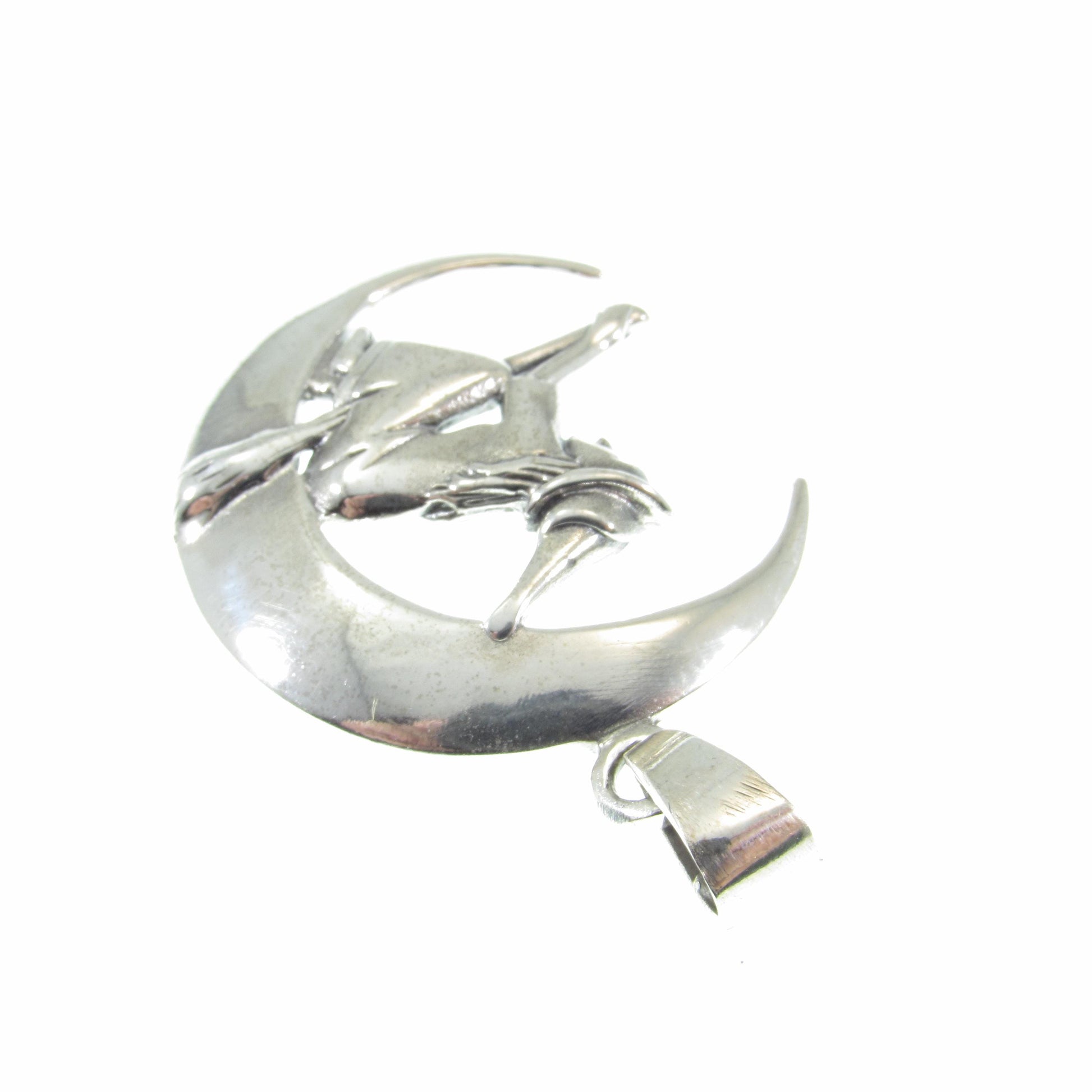 Solid 925 Sterling Silver Witch Flying on Crescent Moon Pendant, Wiccan Pagan Witchcraft Jewelry