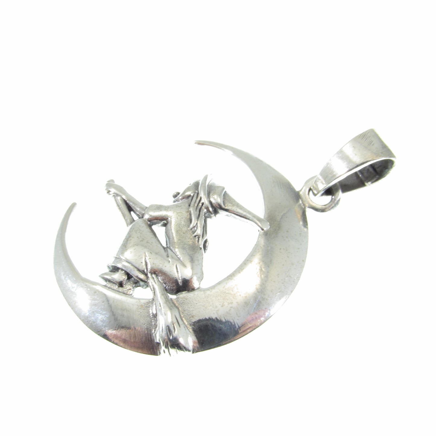 Solid 925 Sterling Silver Witch Flying on Crescent Moon Pendant – Handcrafted Wiccan Jewelry – Witchy Gift Idea – Pagan Crescent Moon Charm