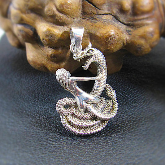 Solid 925 Sterling Silver Damsel in Distress Pendant, Woman & Mystical Serpent, Handcrafted Gothic Fantasy Jewelry, Lady and Snake Sculpture