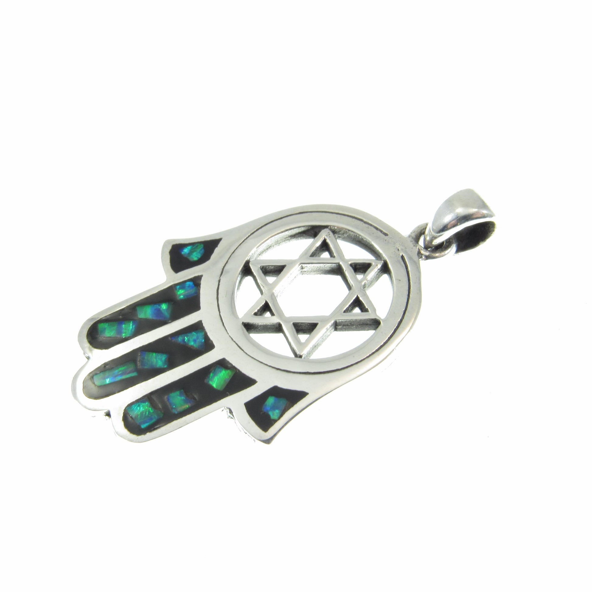 Solid 925 Sterling Silver Hamsa Hand & Star of David Pendant – Jewish Protection Symbol - Lab Opal Inlay - Judaica Gift for Men and Women