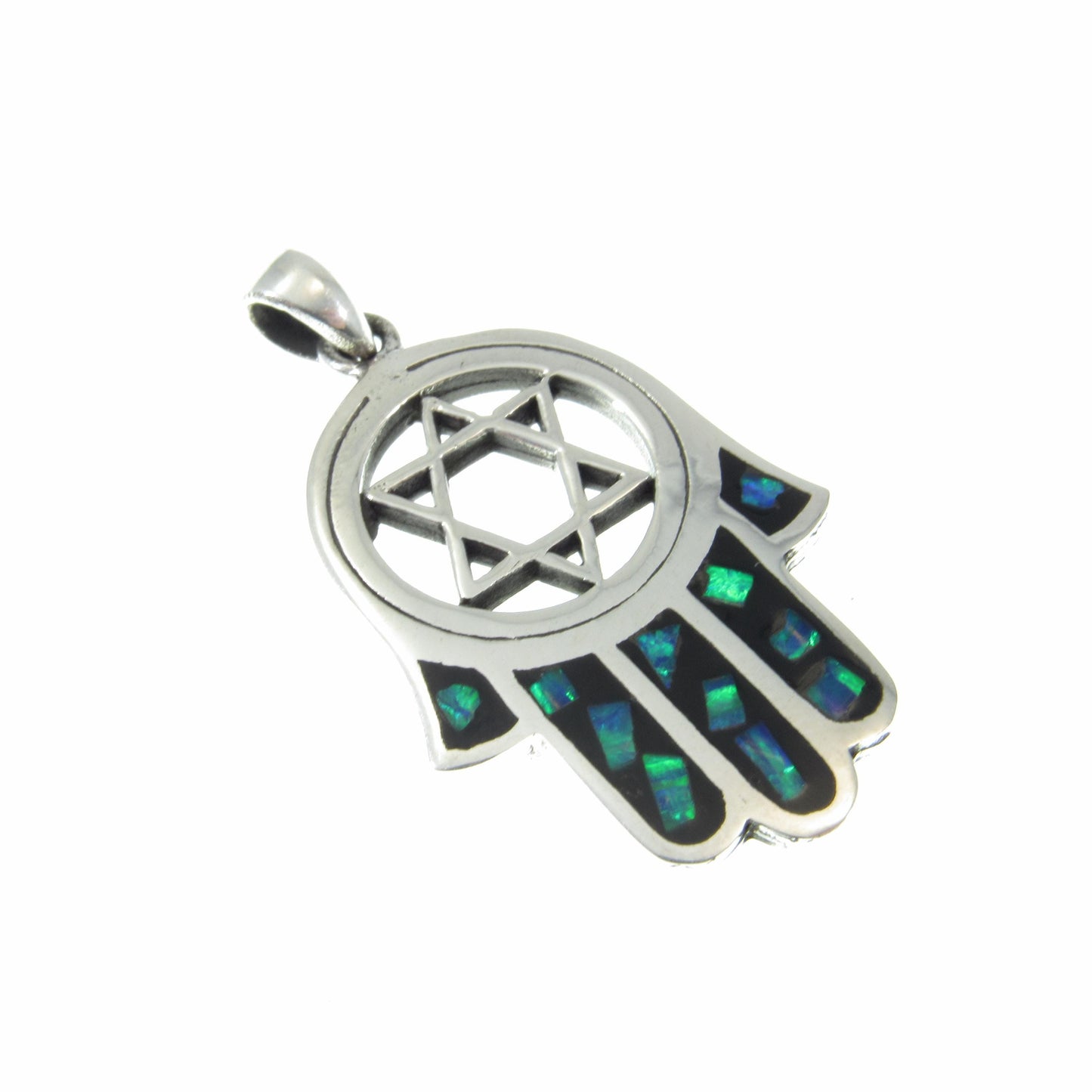 Solid 925 Sterling Silver Hamsa Hand & Star of David Pendant – Jewish Protection Symbol - Lab Opal Inlay - Judaica Gift for Men and Women