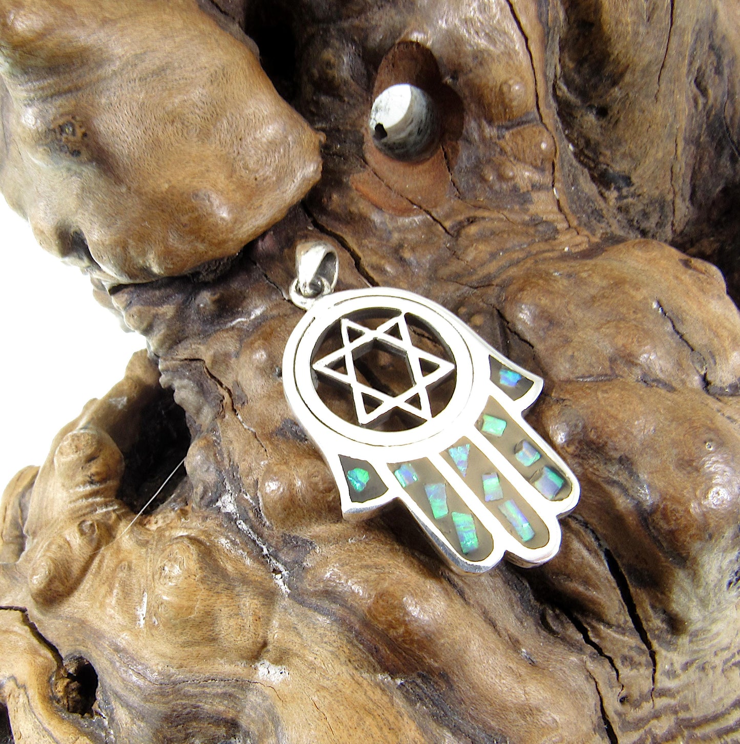 Solid 925 Sterling Silver Hamsa Hand & Star of David Pendant – Jewish Protection Symbol - Lab Opal Inlay - Judaica Gift for Men and Women