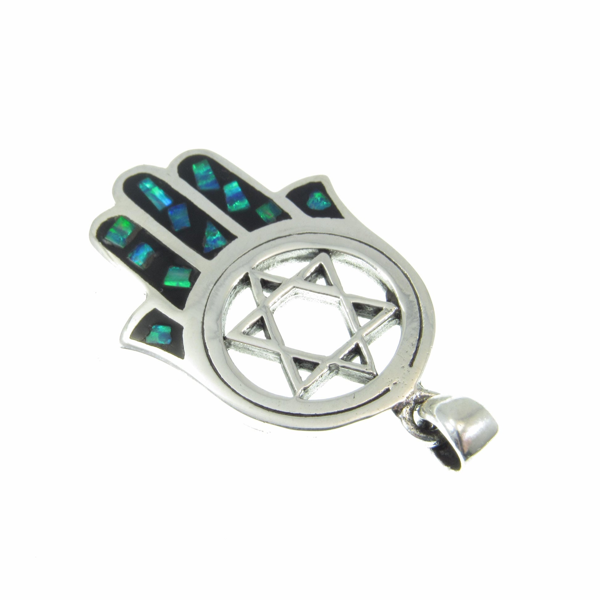 Solid 925 Sterling Silver Hamsa Hand & Star of David Pendant – Jewish Protection Symbol - Lab Opal Inlay - Judaica Gift for Men and Women