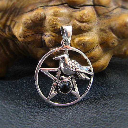 Solid 925 Sterling Silver Crow and Pentacle Pendant with Black Onyx Gemstone, Raven Pentagram, Wiccan & Pagan Jewelry, Gothic Witchy Charm