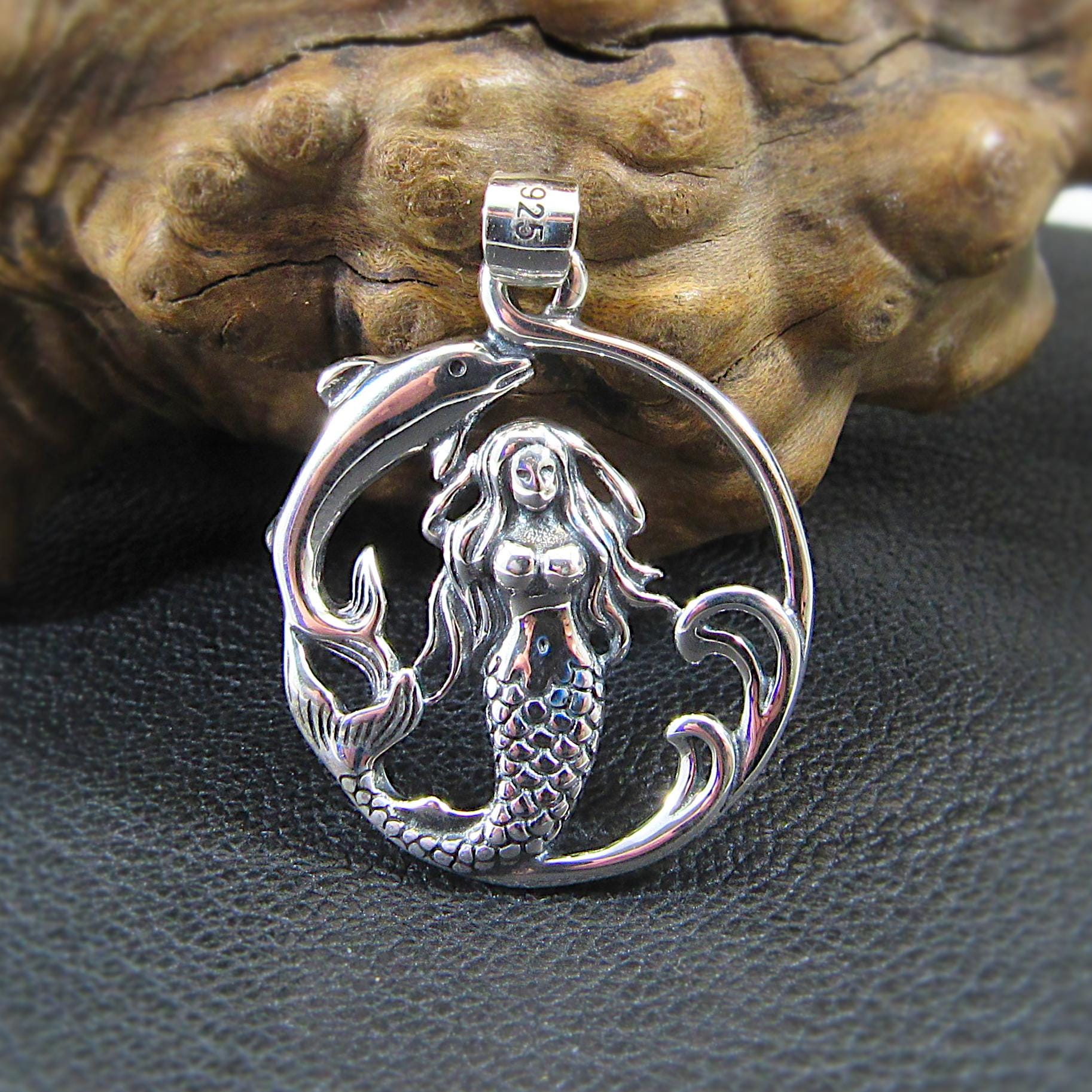 Solid 925 Sterling Silver Mermaid and Dolphin Pendant with Sea Waves, Handcrafted Nautical Charm, Ocean Life Jewelry, Marine Life Amulet