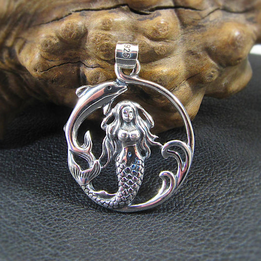 Solid 925 Sterling Silver Mermaid and Dolphin Pendant with Sea Waves, Handcrafted Nautical Charm, Ocean Life Jewelry, Marine Life Amulet
