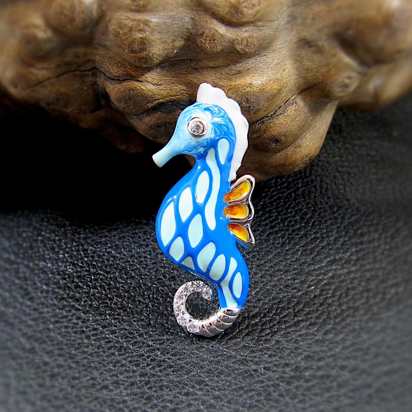 Solid 925 Sterling Silver & Enamel Seahorse Slide Pendant, Blue and White Sea Horse, Handcrafted Sea Lion Charm, Ornate Art Deco Jewelry