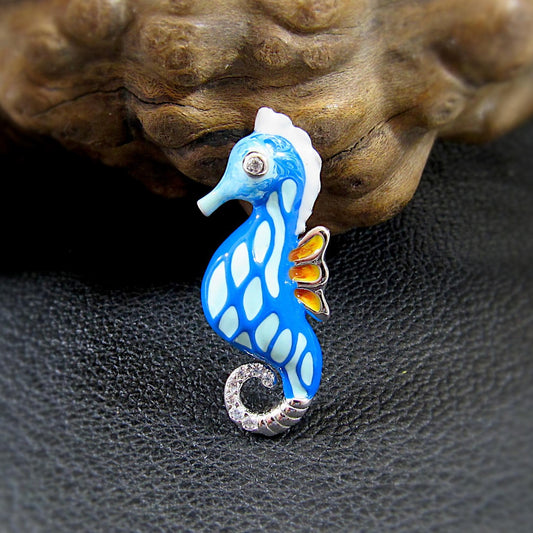 Solid 925 Sterling Silver & Enamel Seahorse Slide Pendant, Blue and White Sea Horse, Handcrafted Sea Lion Charm, Ornate Art Deco Jewelry