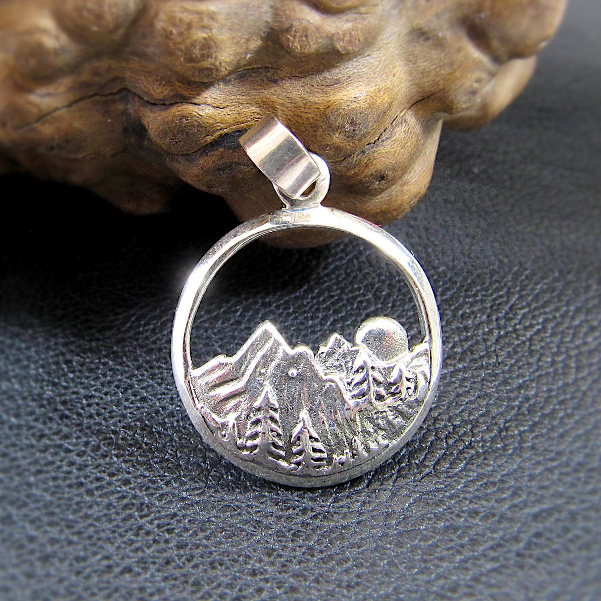 Solid 925 Sterling Silver Mountain and Forest Pendant, Handcrafted Nature Scene Jewelry, Mountains and Trees Charm, Sunrise Landscape Medal