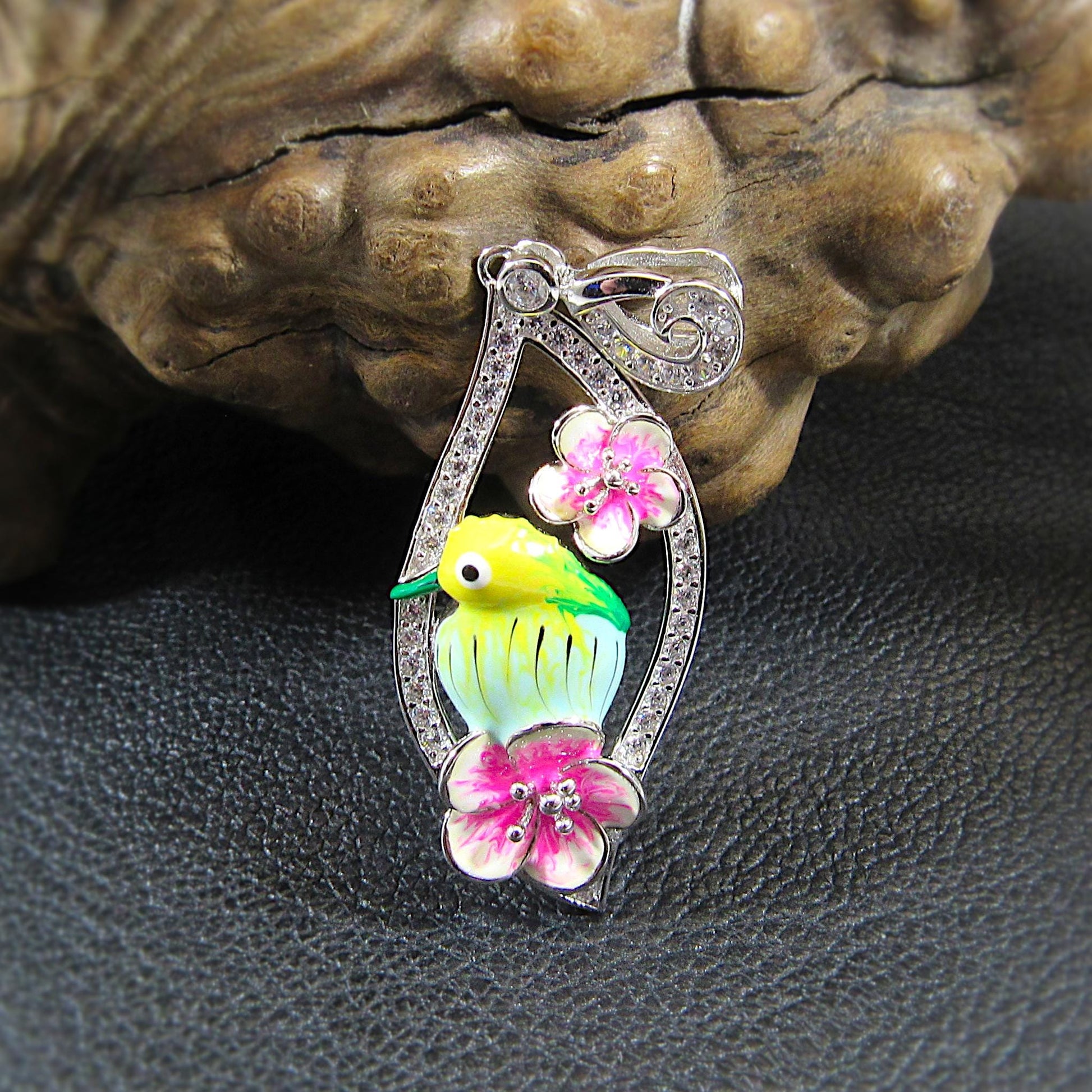 Solid 925 Sterling Silver & Enamel Bird and Flower Pendant, Handcrafted Charm, Ornate Art Deco Pink Flowers, Nature Jewelry for Her