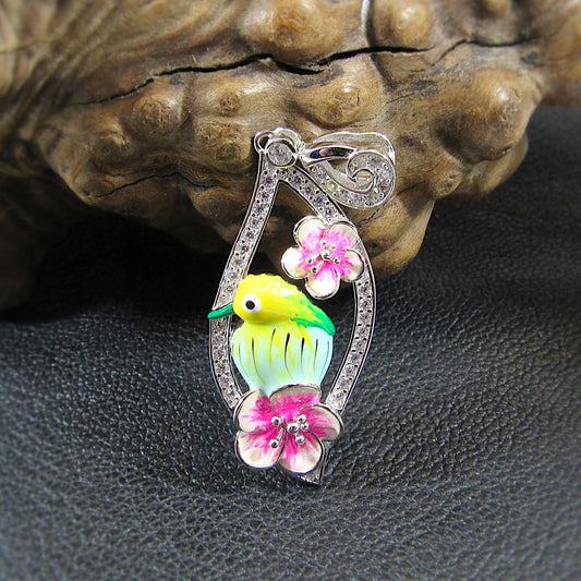 Solid 925 Sterling Silver & Enamel Bird and Flower Pendant, Handcrafted Charm, Ornate Art Deco Pink Flowers, Nature Jewelry for Her