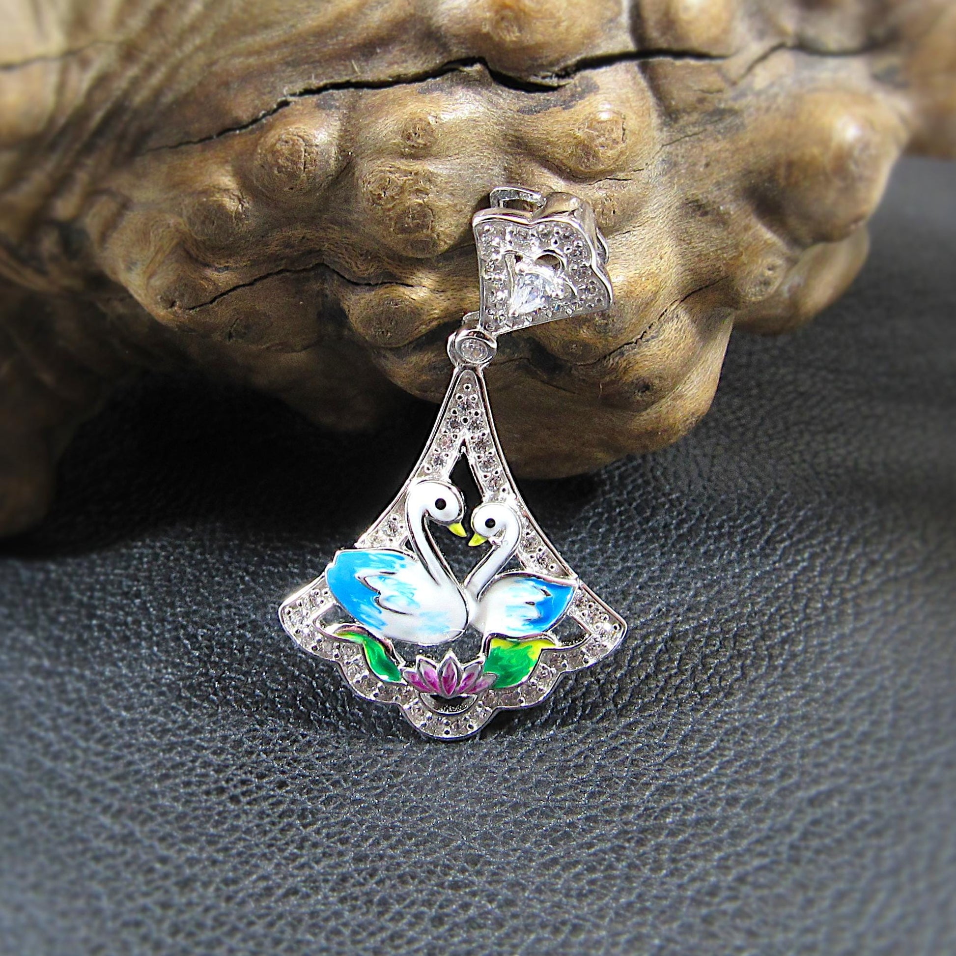 Solid 925 Sterling Silver Swan Pendant, Blue & White Enamel Swans and Flower Scene, Handcrafted Art Deco Charm, Vintage Style Summer Jewelry