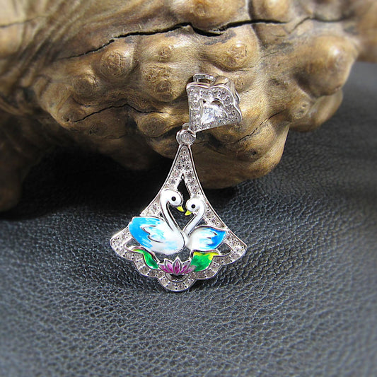 Solid 925 Sterling Silver Swan Pendant, Blue & White Enamel Swans and Flower Scene, Handcrafted Art Deco Charm, Vintage Style Summer Jewelry