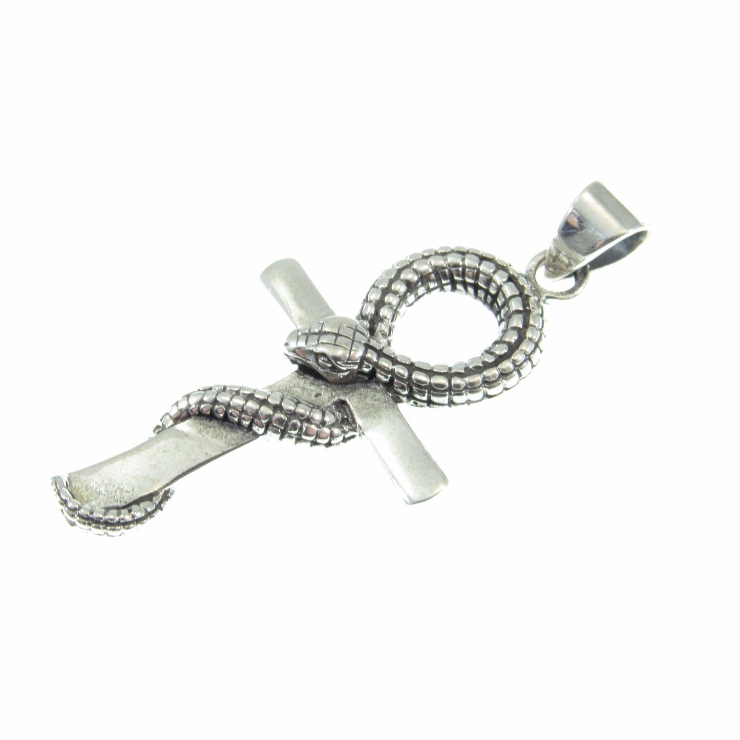 Solid 925 Sterling Silver Ankh Pendant with Snake – Egyptian Symbol of Life & Power, Serpent Cross, Gothic Occult Jewelry, Protection Amulet