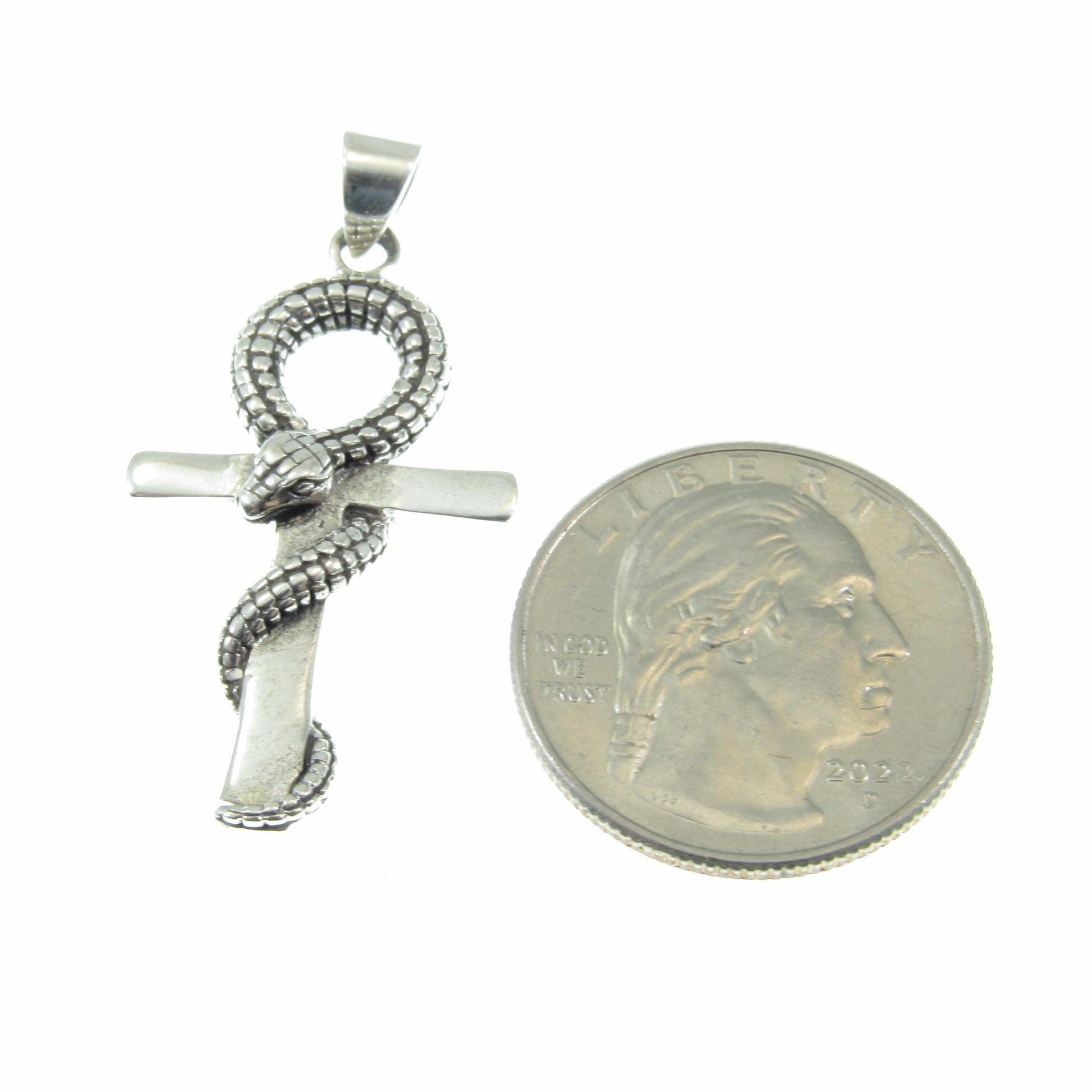 Solid 925 Sterling Silver Ankh Pendant with Snake – Egyptian Symbol of Life & Power, Serpent Cross, Gothic Occult Jewelry, Protection Amulet