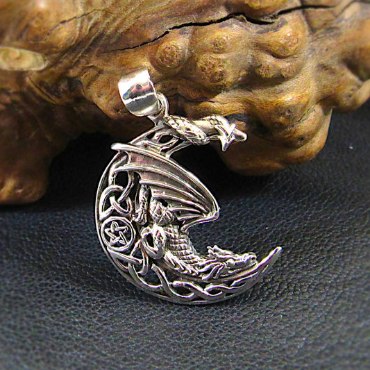 Solid 925 Sterling Silver Dragon Moon Pendant – Celtic Dragon Necklace Amulet, Fantasy Jewelry, Mythical Creature Charm, Gothic Dragon Gift