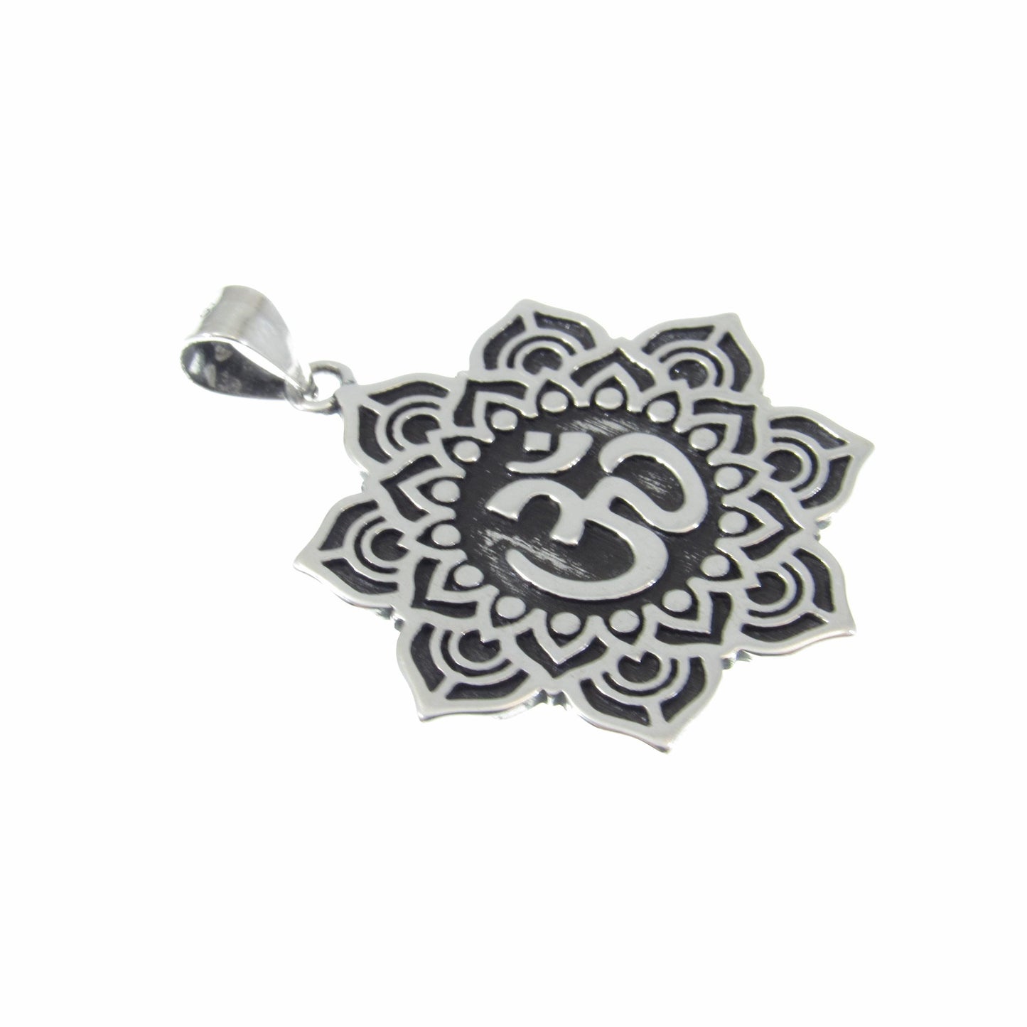 Solid 925 Sterling Silver Om / Aum / Ohm Mandala Lotus Flower Pendant – Spiritual Yoga Amulet, Meditation Symbol Jewelry for Men & Women