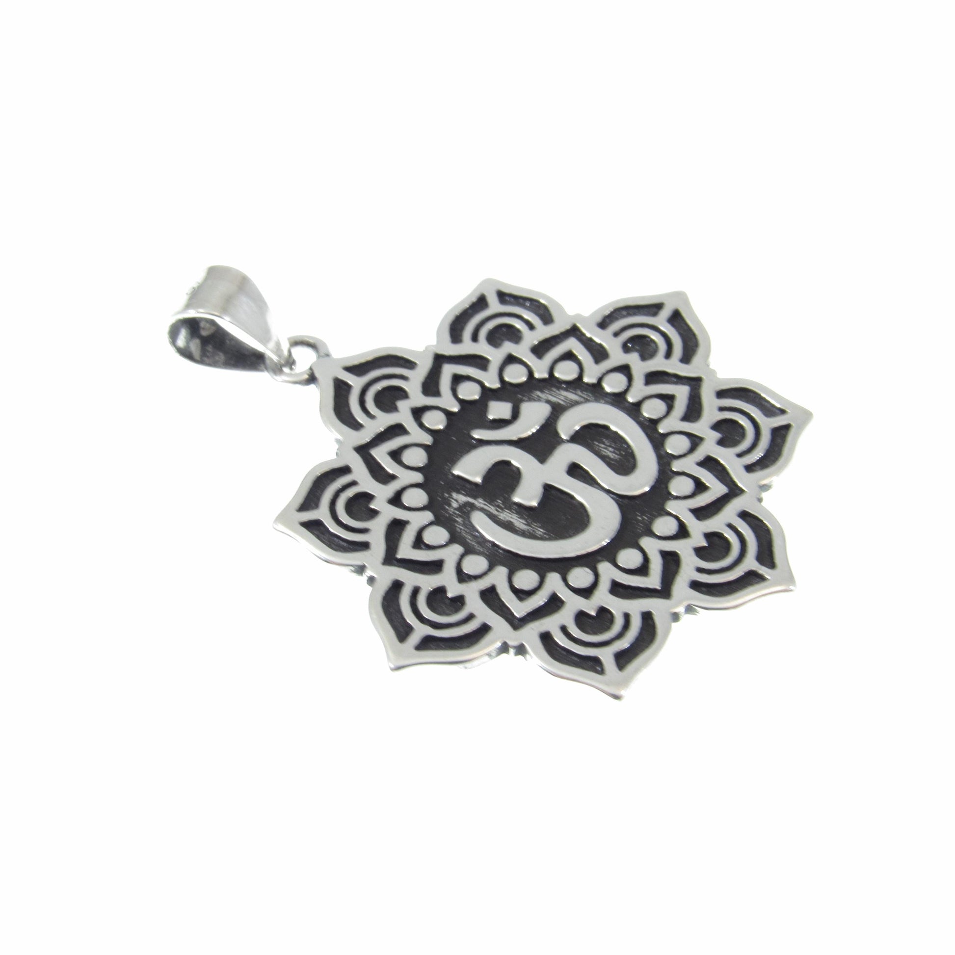Solid 925 Sterling Silver Om / Aum / Ohm Mandala Lotus Flower Pendant – Spiritual Yoga Amulet, Meditation Symbol Jewelry for Men & Women