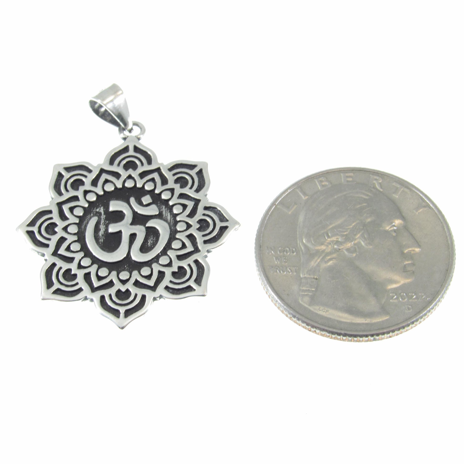 Solid 925 Sterling Silver Om / Aum / Ohm Mandala Lotus Flower Pendant – Spiritual Yoga Amulet, Meditation Symbol Jewelry for Men & Women