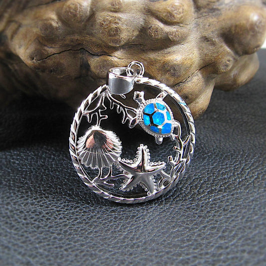 Sterling Silver Sea Life Pendant with Blue or White Lab Opal – Turtle, Starfish & Seashell Ocean Necklace Charm, Nautical Jewelry Gift