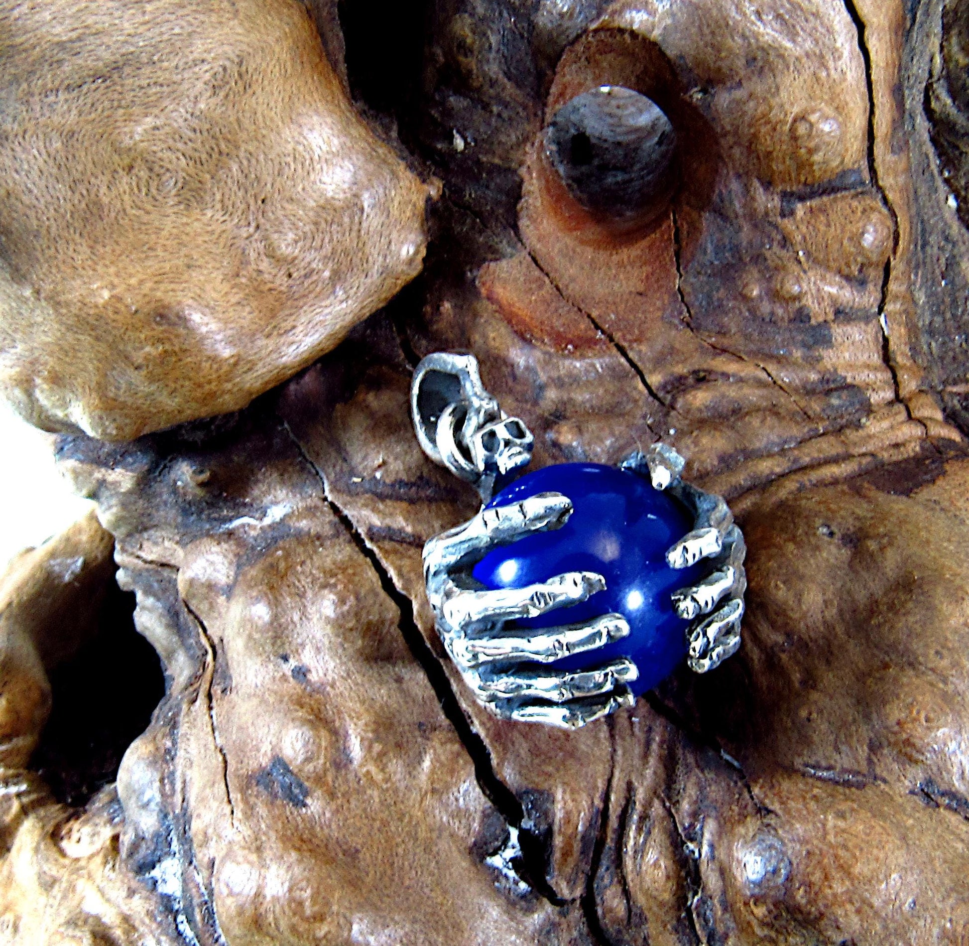Solid 925 Sterling Silver Skull And Skeleton Hands Pendant, Blue Cat's Eye Quartz Gemstone Sphere, Necklace Pendant, Gothic Jewelry for Men