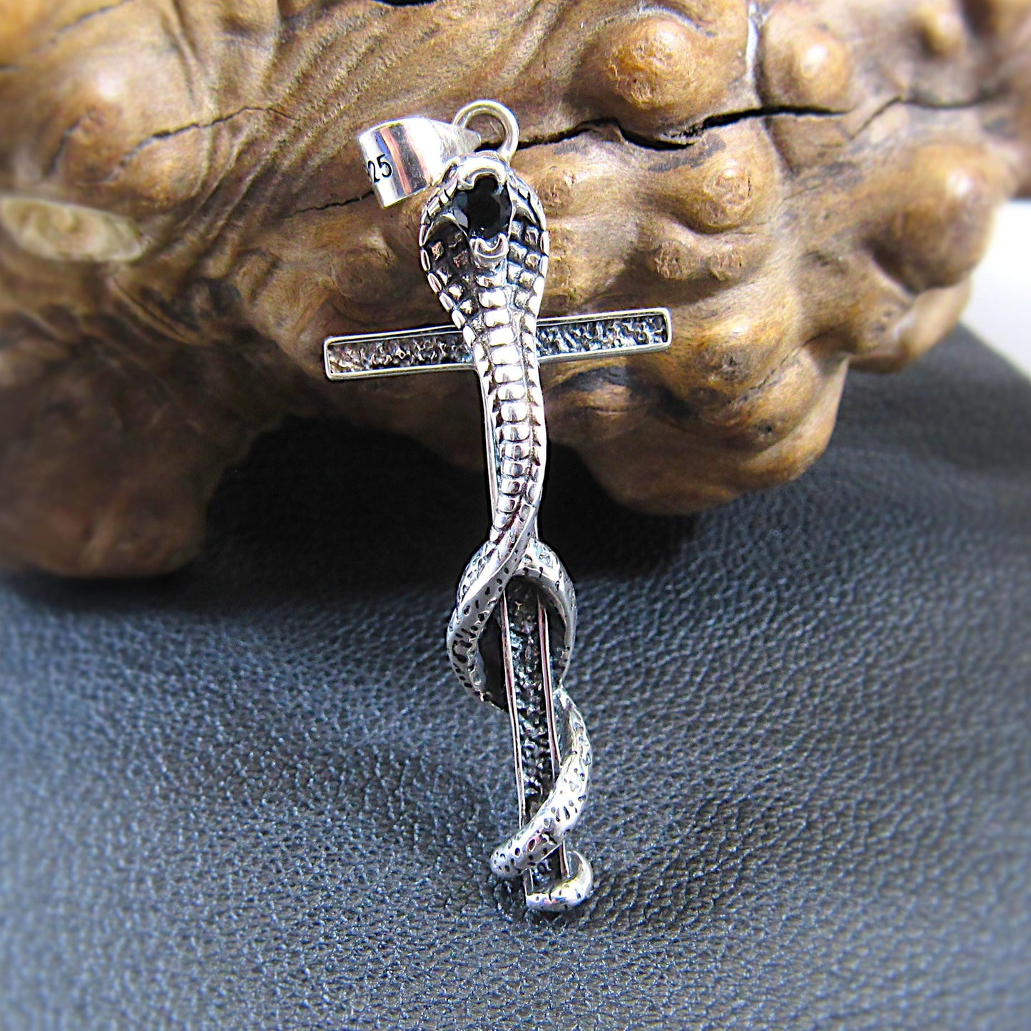 Solid 925 Sterling Silver Cobra Cross Pendant – Gothic Snake & Skull Necklace Pendant, Dark Symbolism Jewelry, Biker and Viking Amulet