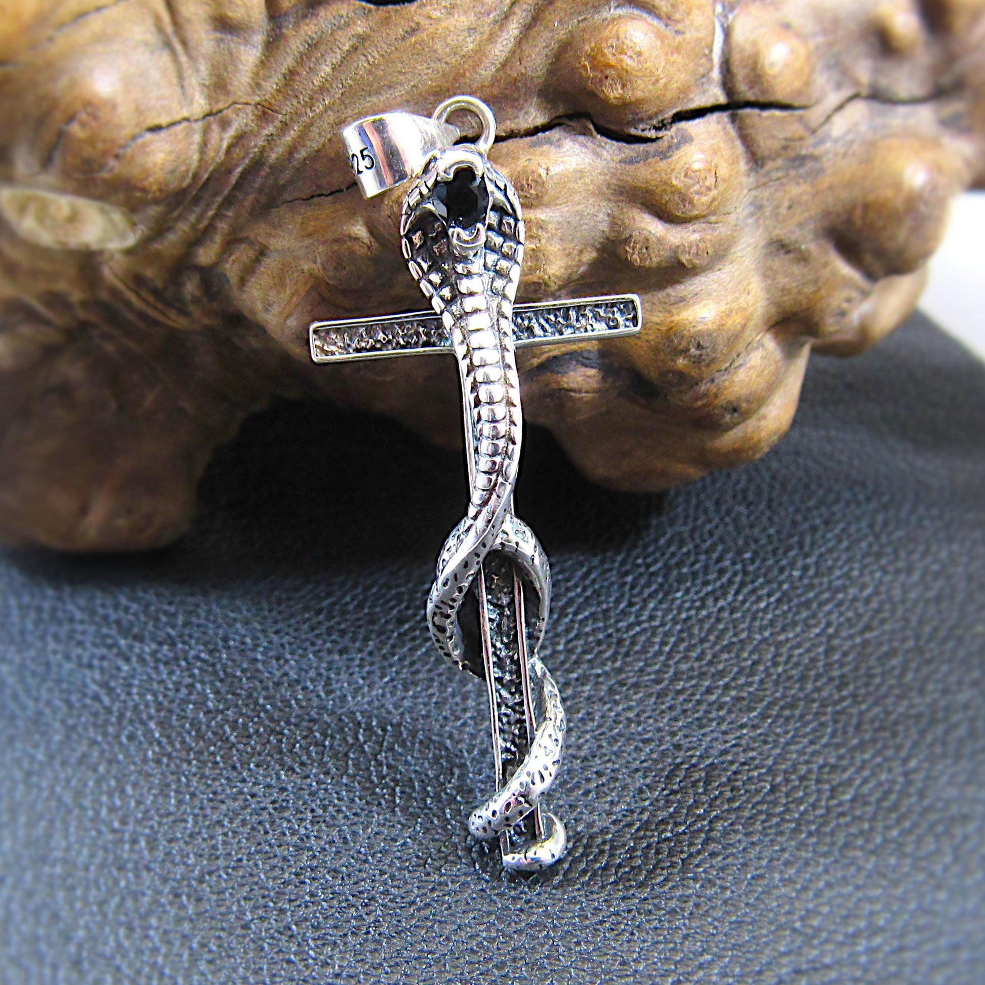 Solid 925 Sterling Silver Cobra Cross Pendant – Gothic Snake & Skull Necklace Pendant, Dark Symbolism Jewelry, Biker and Viking Amulet