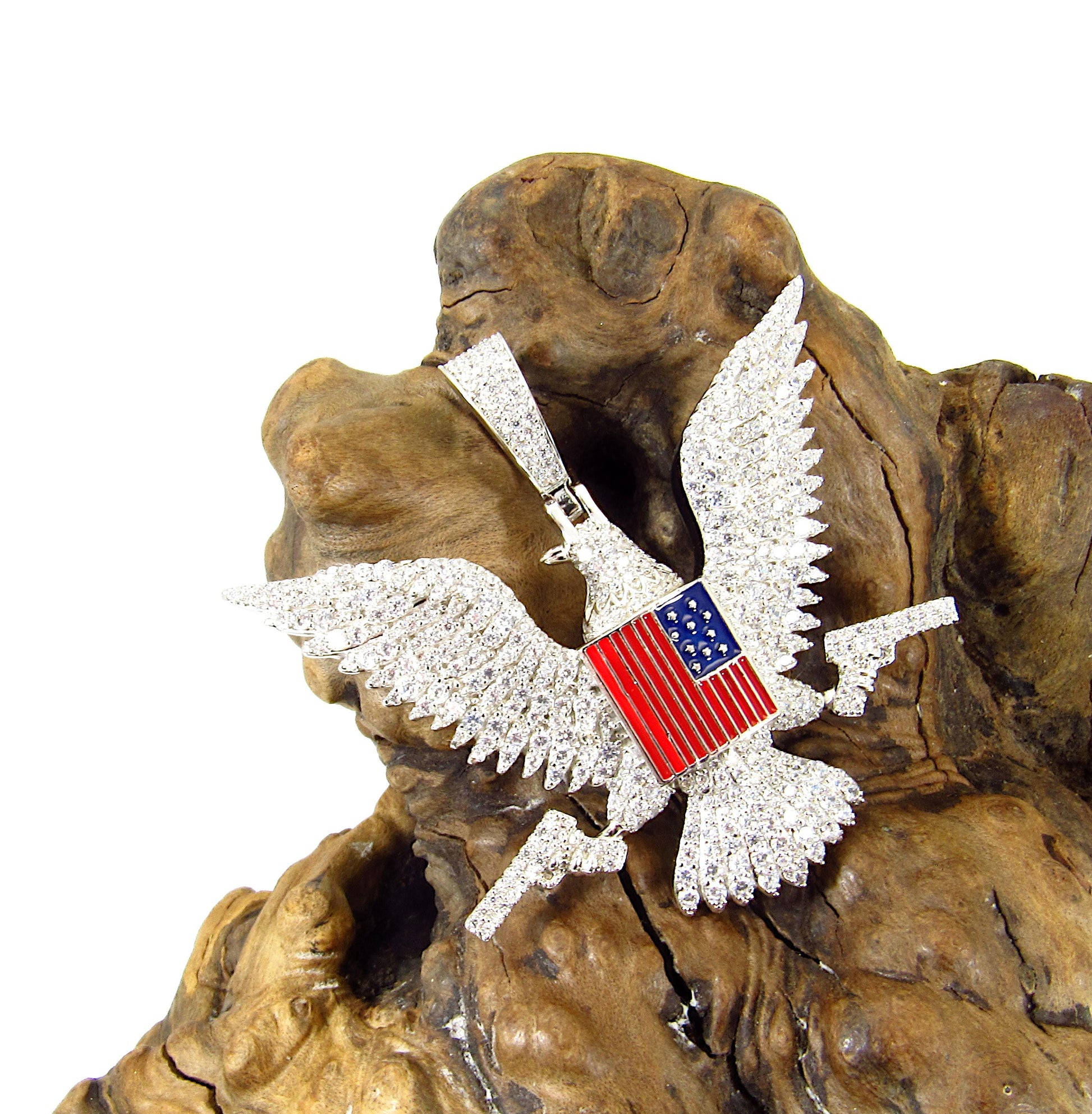 Men's Solid 925 Sterling Silver Iced Out Patriotic Pendant, Rhodium Plated Hip Hop Jewelry with Clear CZs, American Eagle, Flag, and Guns