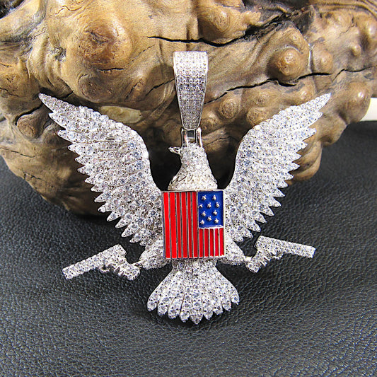Men's Solid 925 Sterling Silver Iced Out Patriotic Pendant, Rhodium Plated Hip Hop Jewelry with Clear CZs, American Eagle, Flag, and Guns