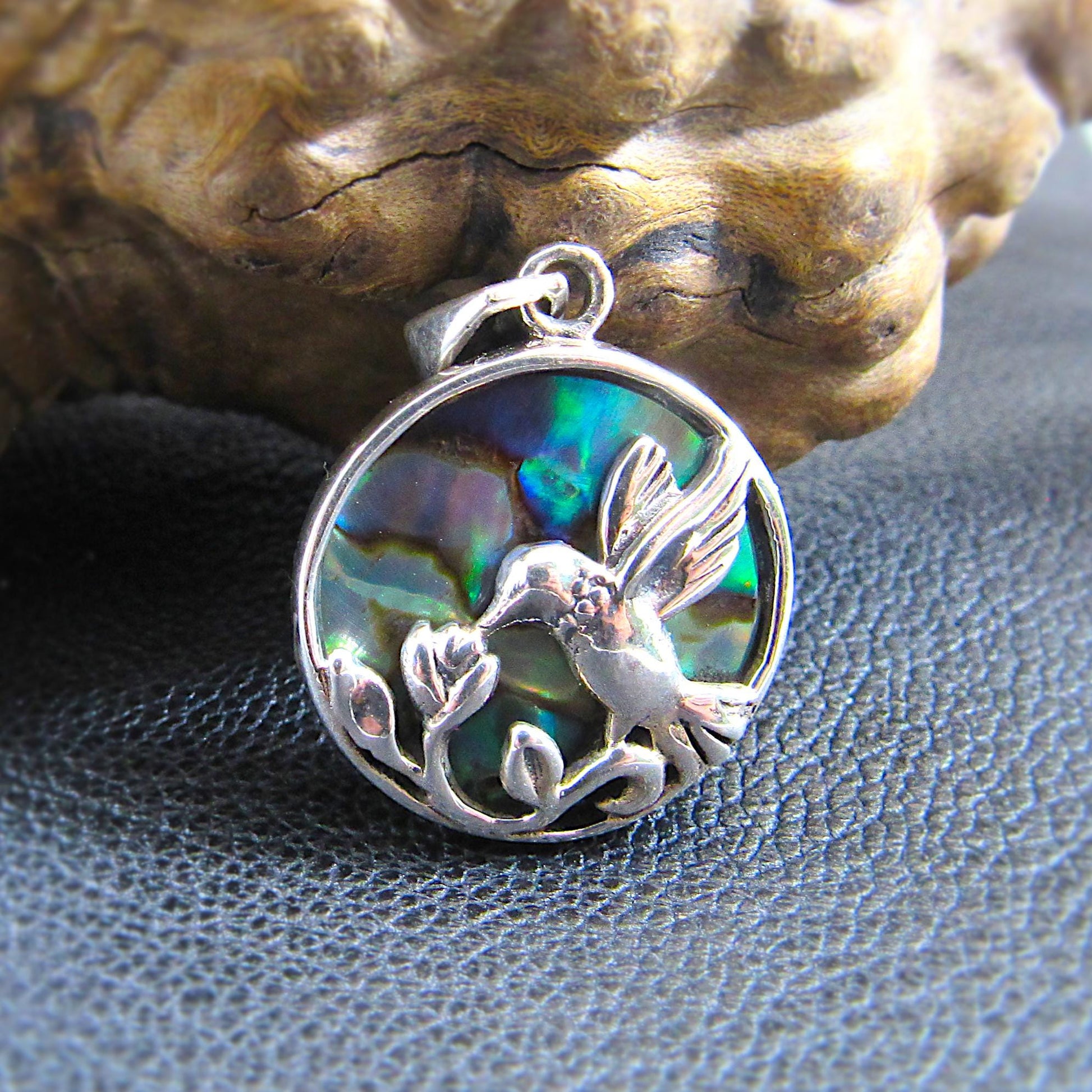 Solid 925 Sterling Silver Hummingbird & Flower Pendant - Colorful Rainbow Paua / Abalone Shell Inlay - Nature Inspired Jewelry Charm