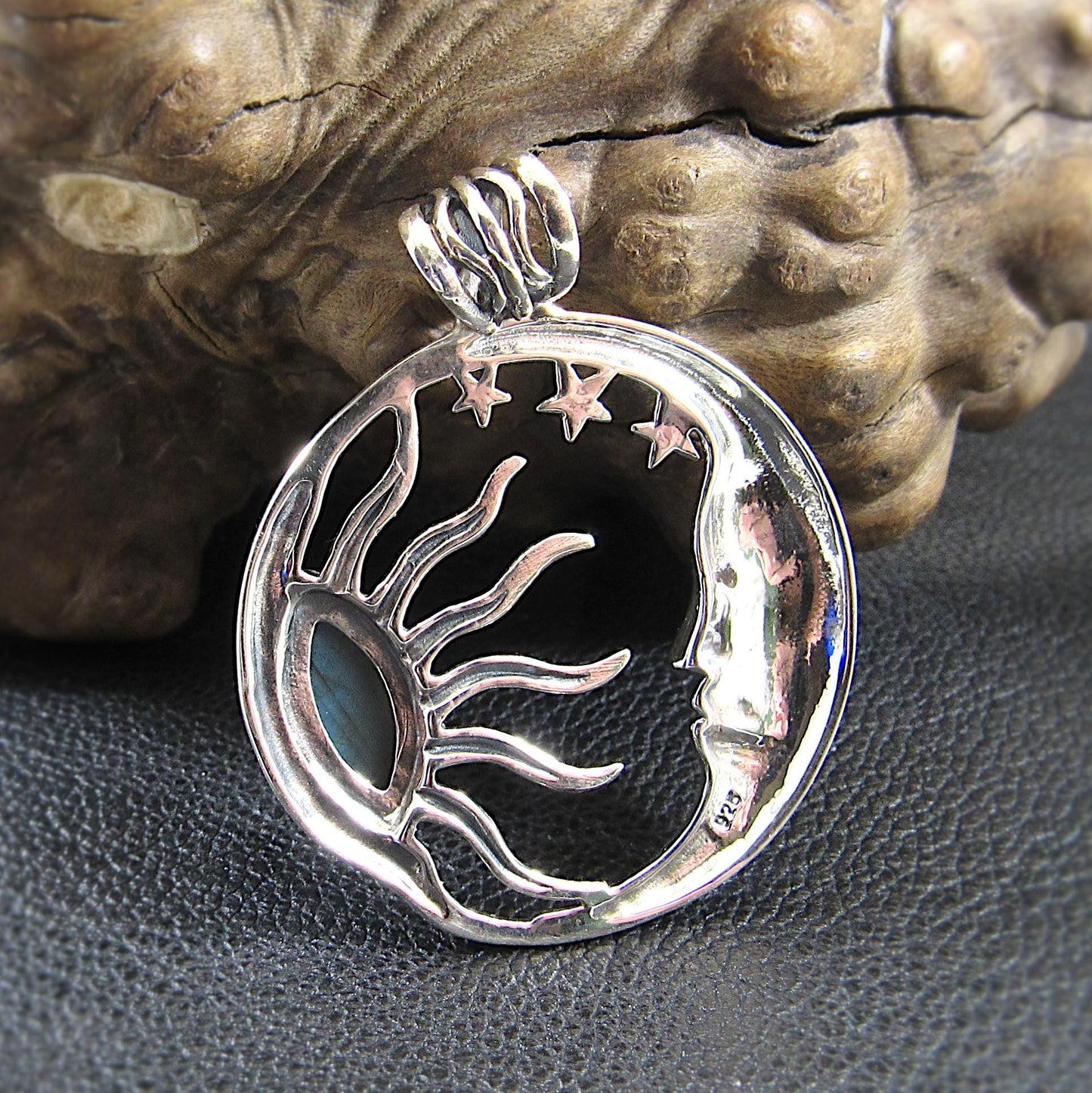 Solid 925 Sterling Silver Sun and Moon Pendant – Labradorite or Rainbow Moonstone Necklace Amulet, Stars & Celestial Jewelry, Wiccan Gift