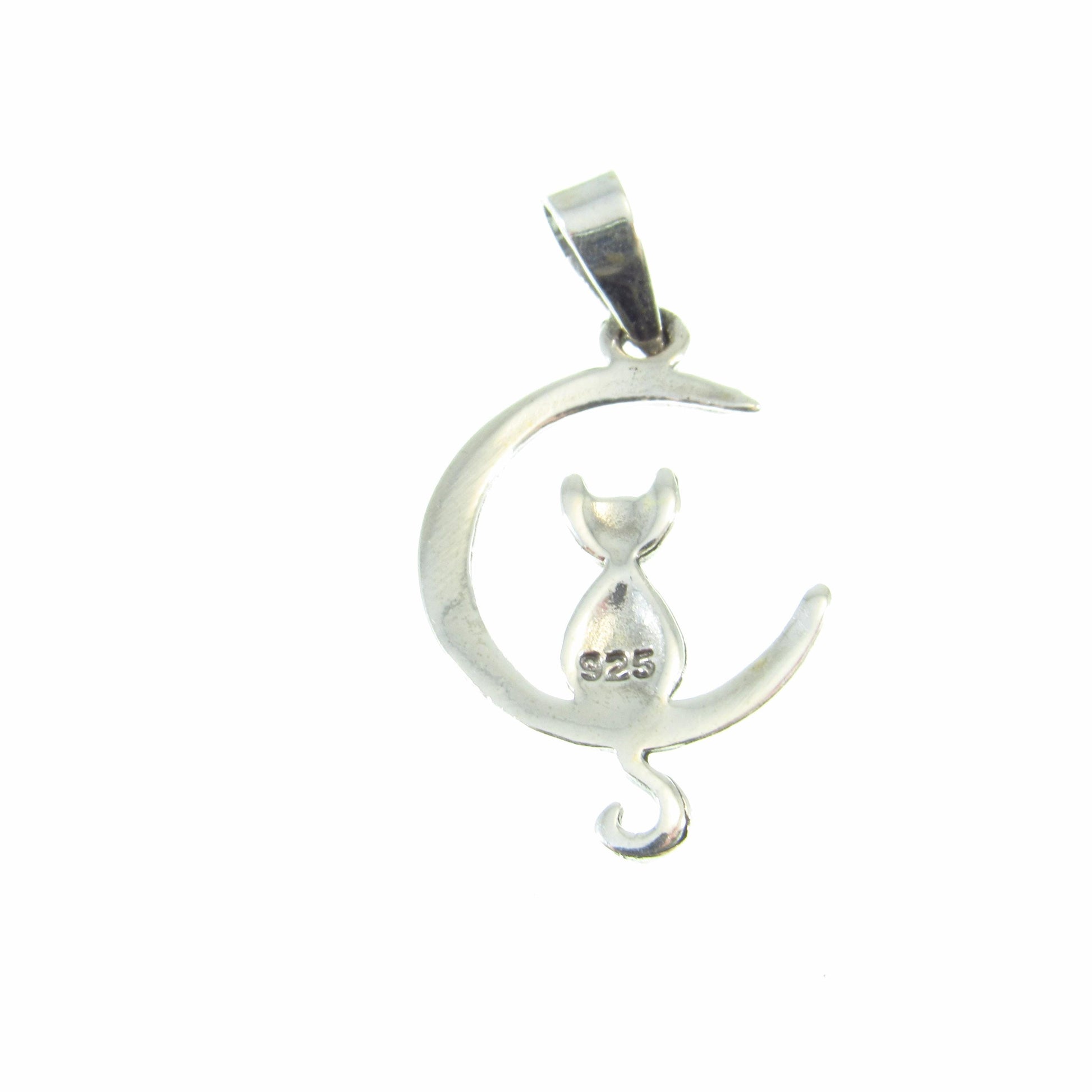 Solid 925 Sterling Silver Cat Moon Pendant – Crescent Moon Cat Necklace Charm, Feline Jewelry, Witchy Cat Lover Gift, Celestial Charm