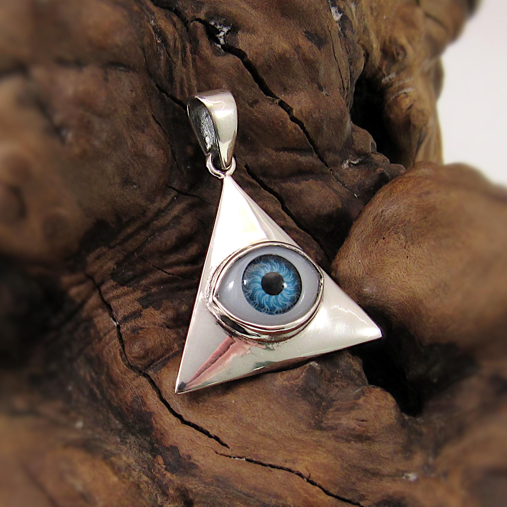 Solid 925 Sterling Silver Eye Pendant, All-Seeing Eye Jewelry, Glass Eyeball Pendant, Illuminati Triangle Necklace, Occult Protection Amulet