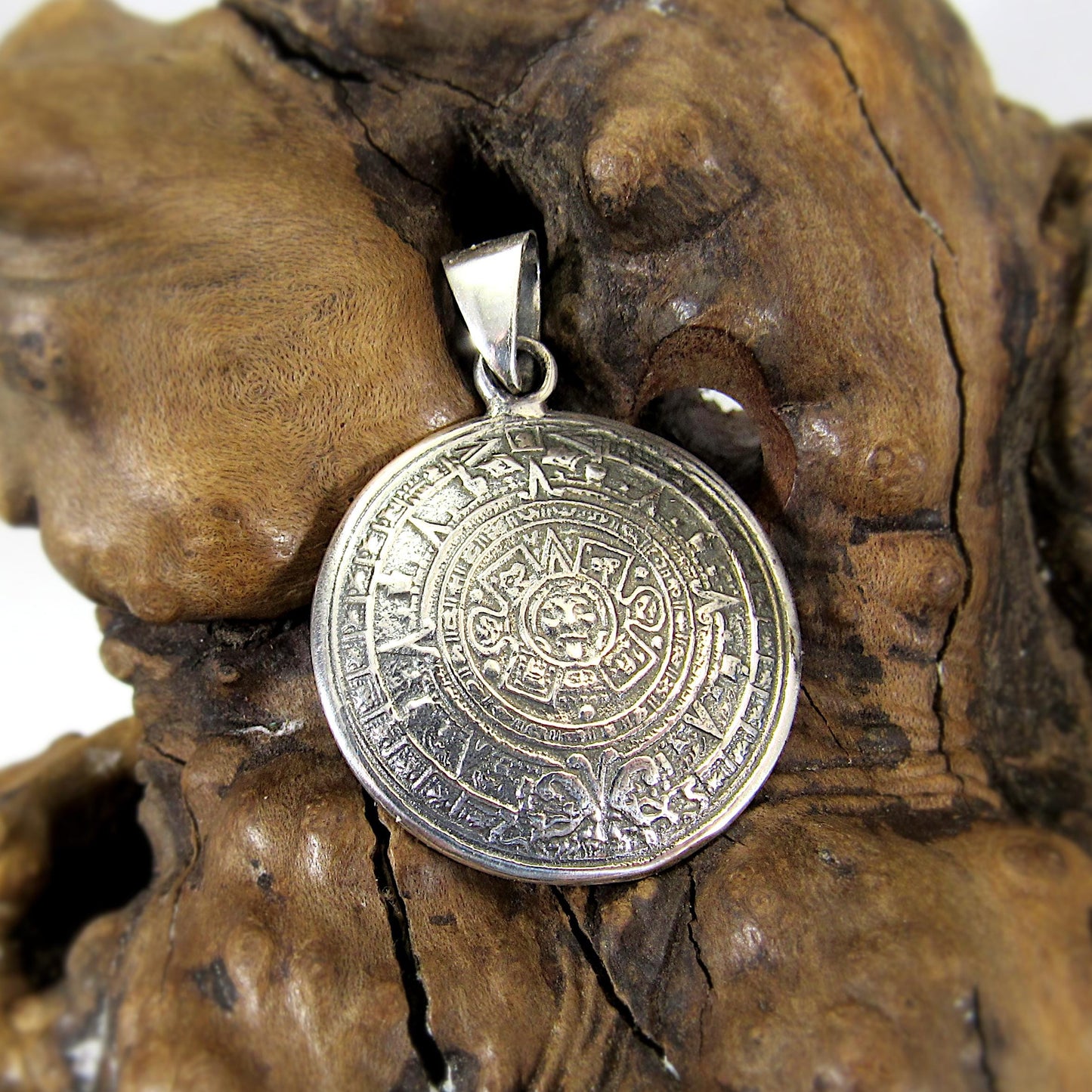 Solid Sterling Silver Aztec Calendar Pendant – Mayan Necklace Amulet, Ancient Mexico Jewelry, Sun Stone Medal, Mens Silver Zodiac Wheel