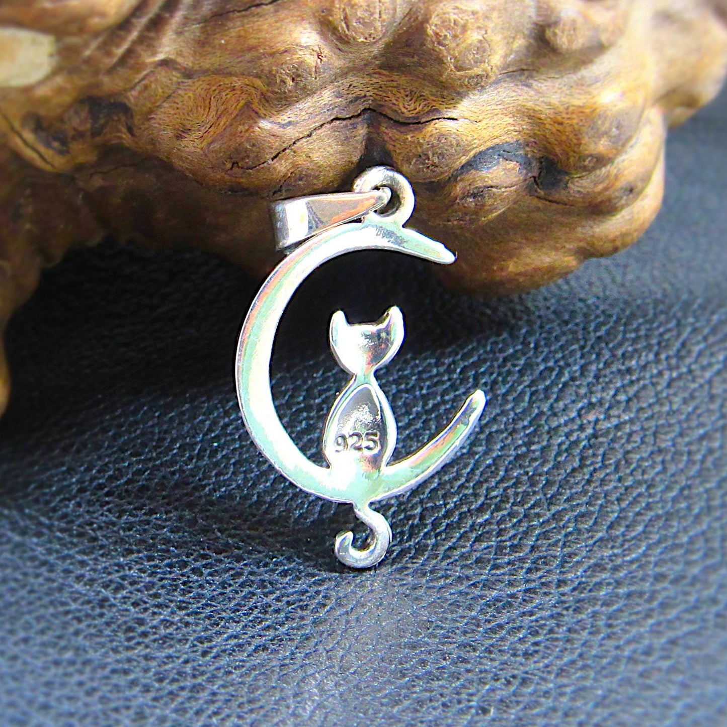 Solid 925 Sterling Silver Cat Moon Pendant – Crescent Moon Cat Necklace Charm, Feline Jewelry, Witchy Cat Lover Gift, Celestial Charm