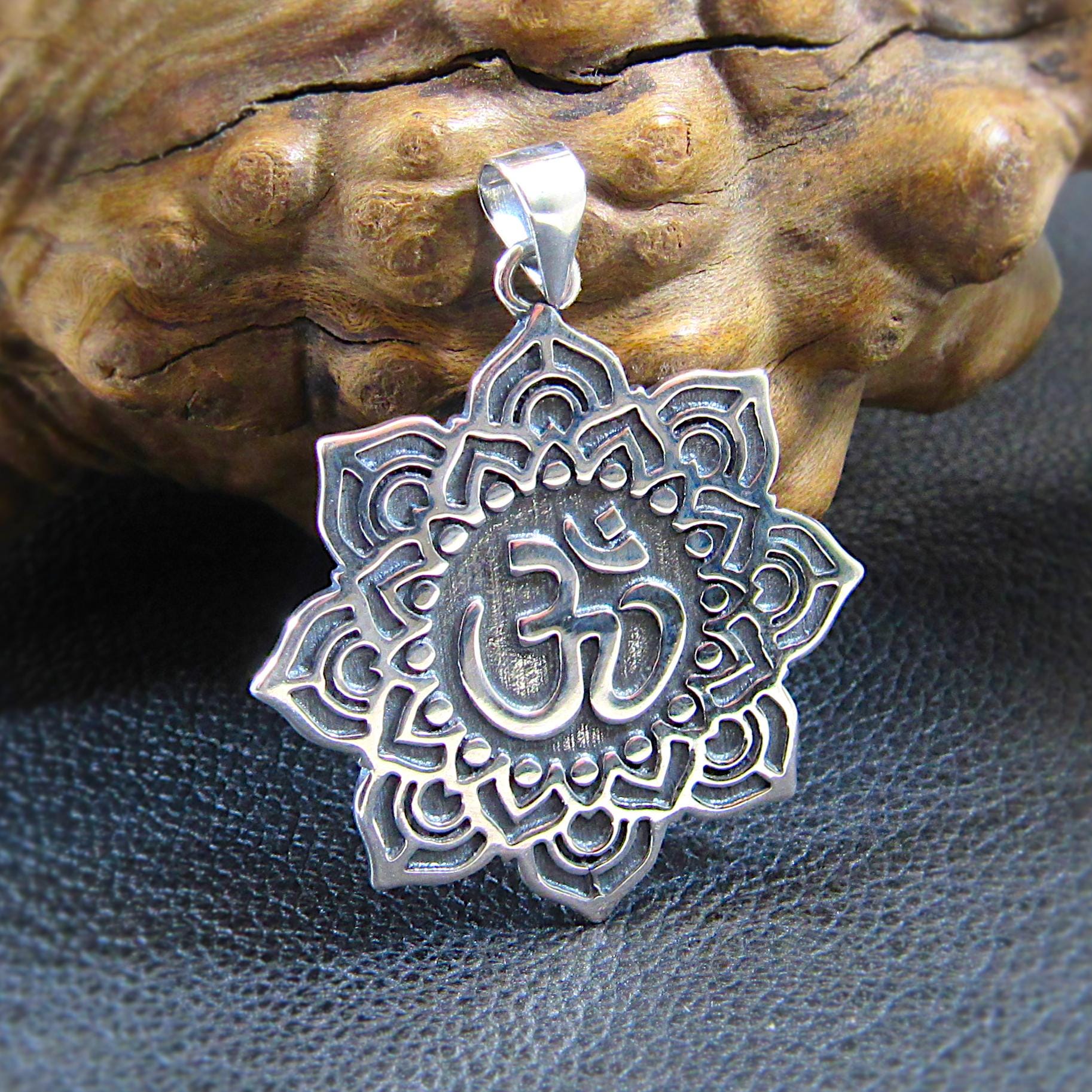 Solid 925 Sterling Silver Om / Aum / Ohm Mandala Lotus Flower Pendant – Spiritual Yoga Amulet, Meditation Symbol Jewelry for Men & Women