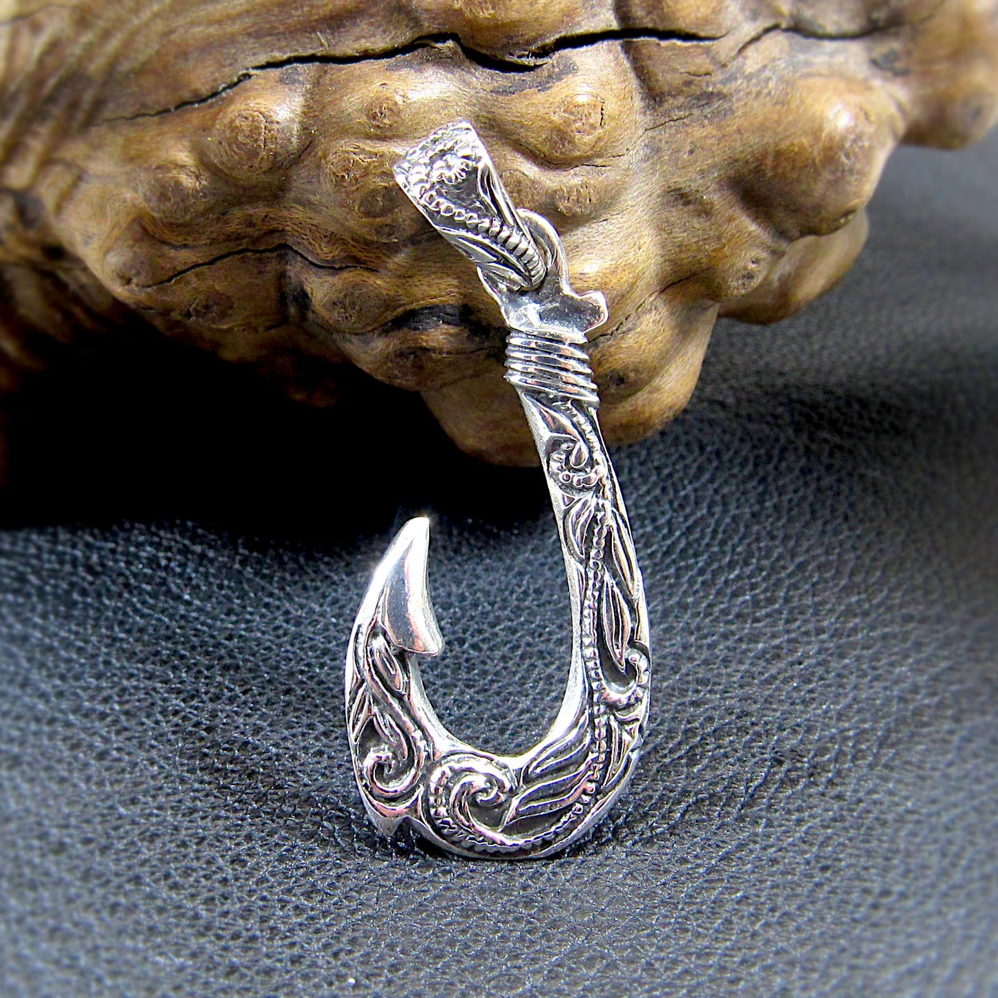 Solid Sterling Silver Hawaiian Fish Hook Pendant - Engraved Polynesian Necklace Pendant, Men's Silver Hook Charm, Nautical Jewelry Gift