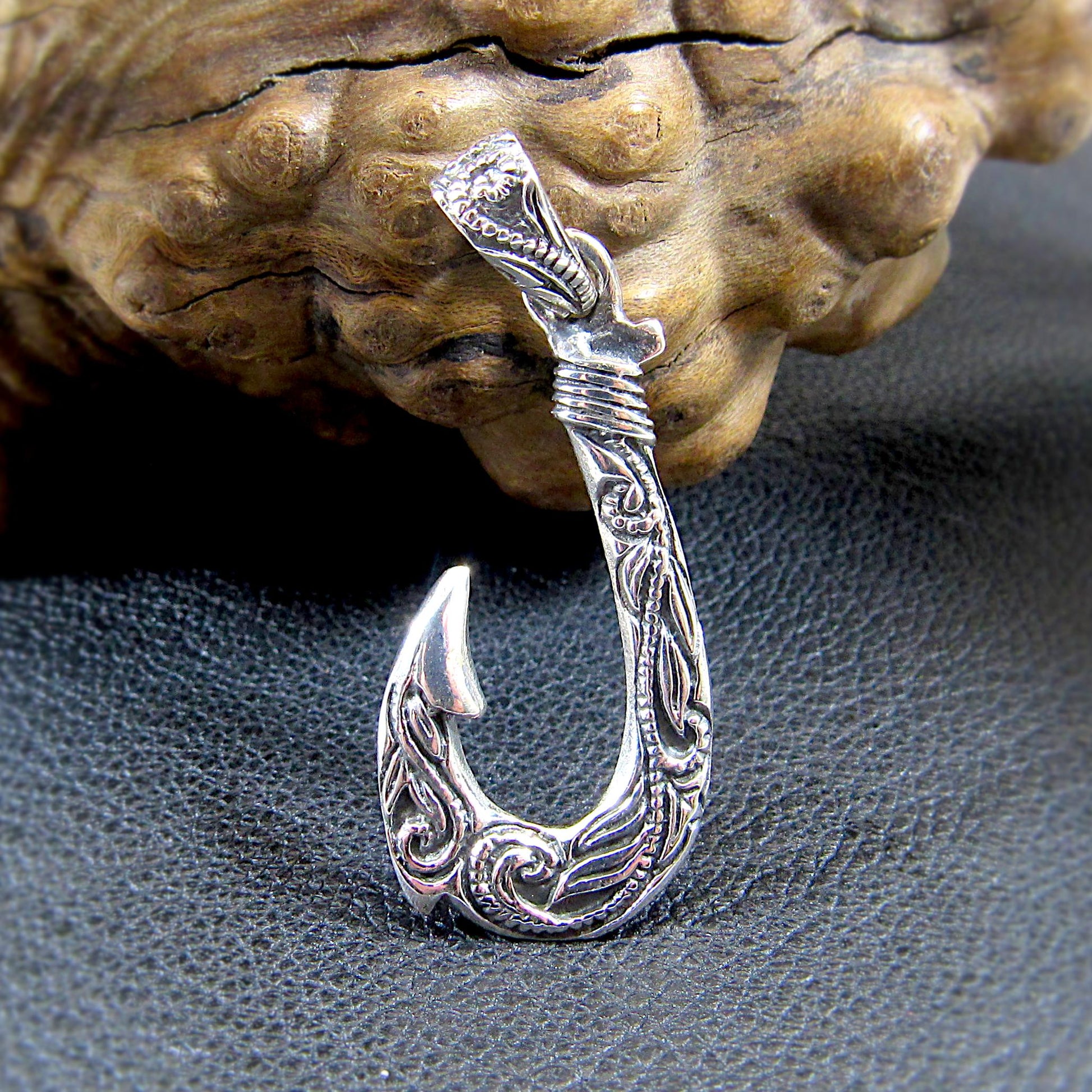Solid Sterling Silver Hawaiian Fish Hook Pendant - Engraved Polynesian Necklace Pendant, Men's Silver Hook Charm, Nautical Jewelry Gift
