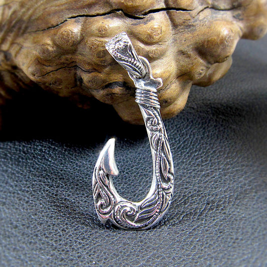 Solid Sterling Silver Hawaiian Fish Hook Pendant - Engraved Polynesian Necklace Pendant, Men's Silver Hook Charm, Nautical Jewelry Gift