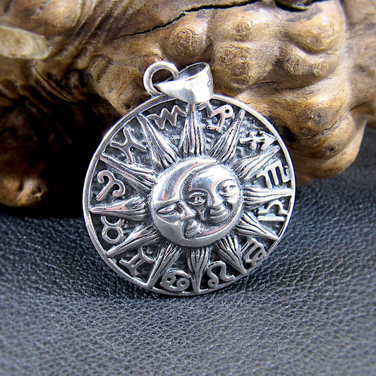 Solid 925 Sterling Silver Sun and Moon Faces Pendant - Zodiac Wheel - Astrology Necklace Amulet, Celestial Jewelry, Gift for Astrologers