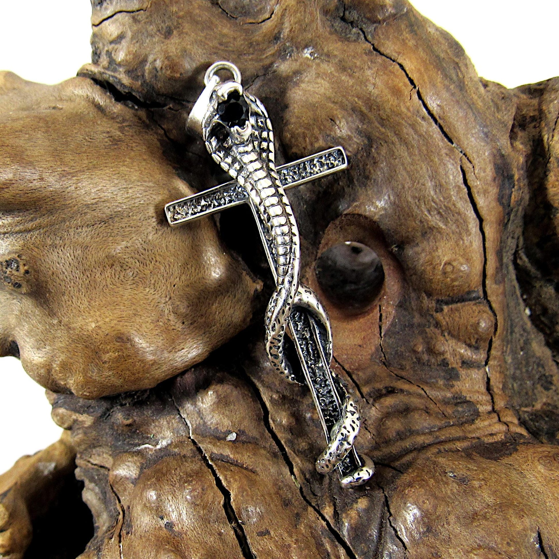 Solid 925 Sterling Silver Cobra Cross Pendant – Gothic Snake & Skull Necklace Pendant, Dark Symbolism Jewelry, Biker and Viking Amulet