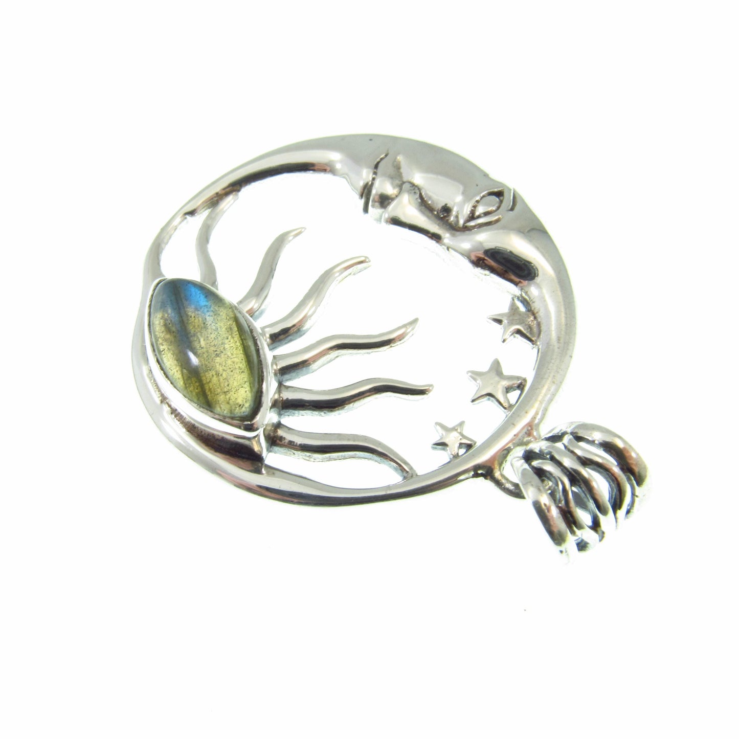 Solid 925 Sterling Silver Sun and Moon Pendant – Labradorite or Rainbow Moonstone Necklace Amulet, Stars & Celestial Jewelry, Wiccan Gift
