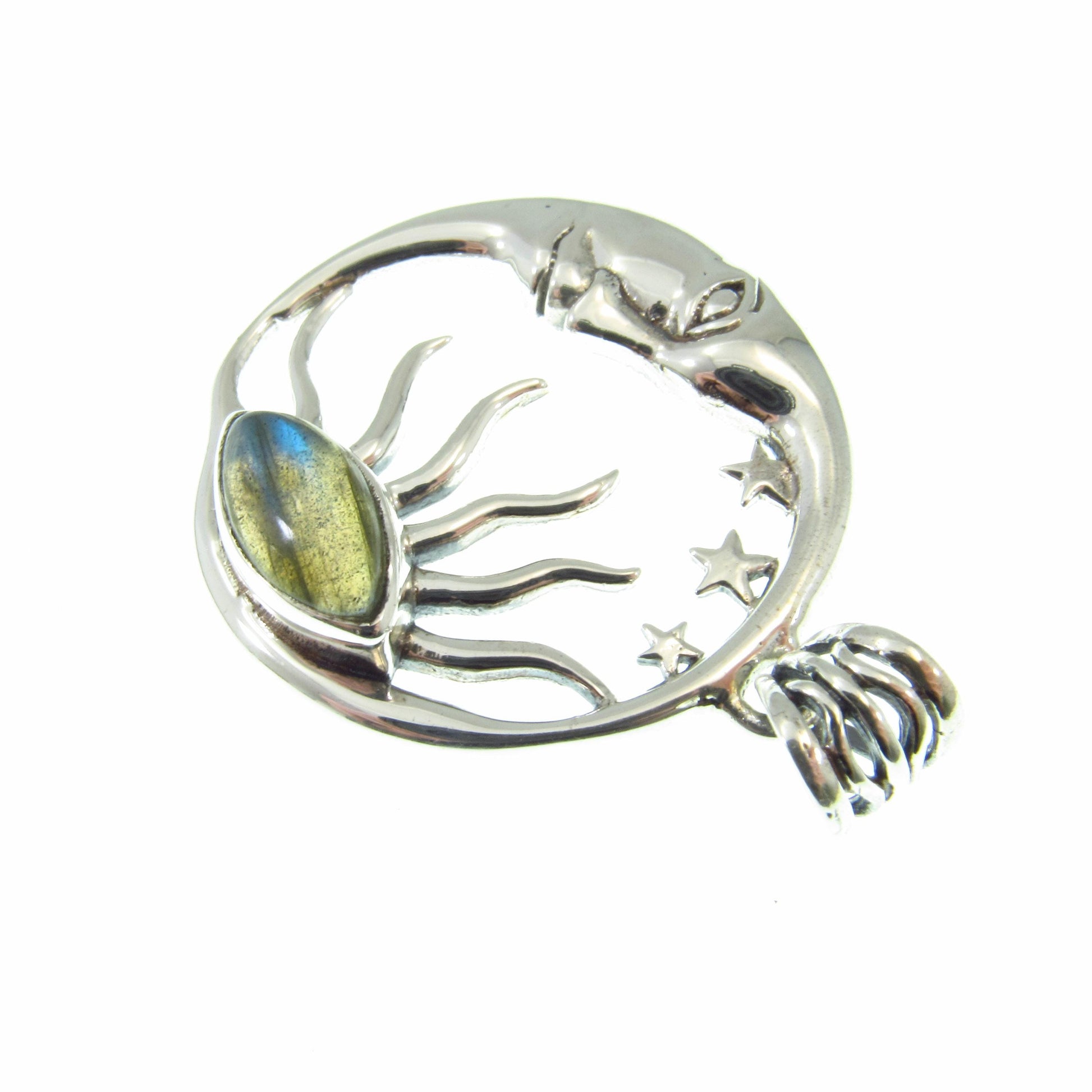 Solid 925 Sterling Silver Sun and Moon Pendant – Labradorite or Rainbow Moonstone Necklace Amulet, Stars & Celestial Jewelry, Wiccan Gift