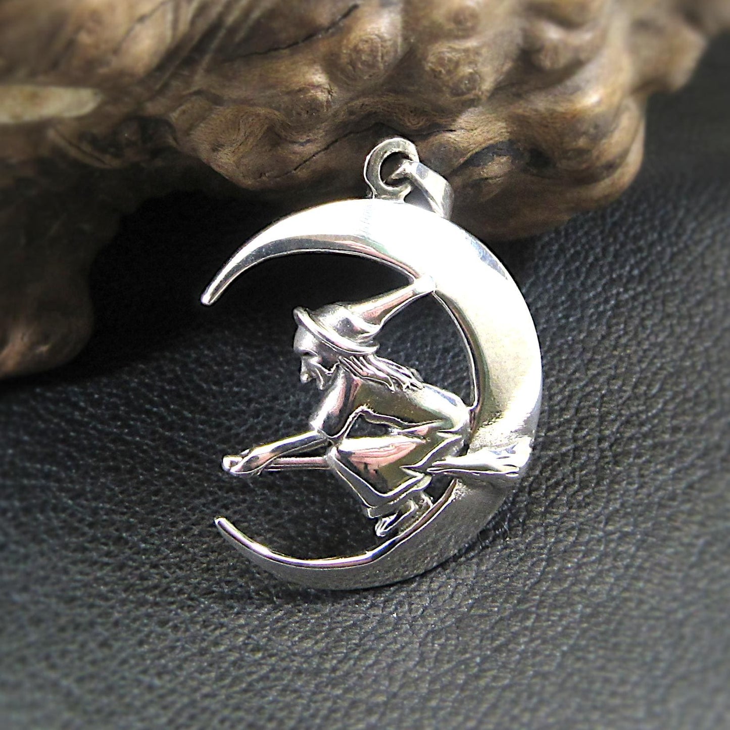 Solid 925 Sterling Silver Witch Flying on Crescent Moon Pendant – Handcrafted Wiccan Jewelry – Witchy Gift Idea – Pagan Crescent Moon Charm