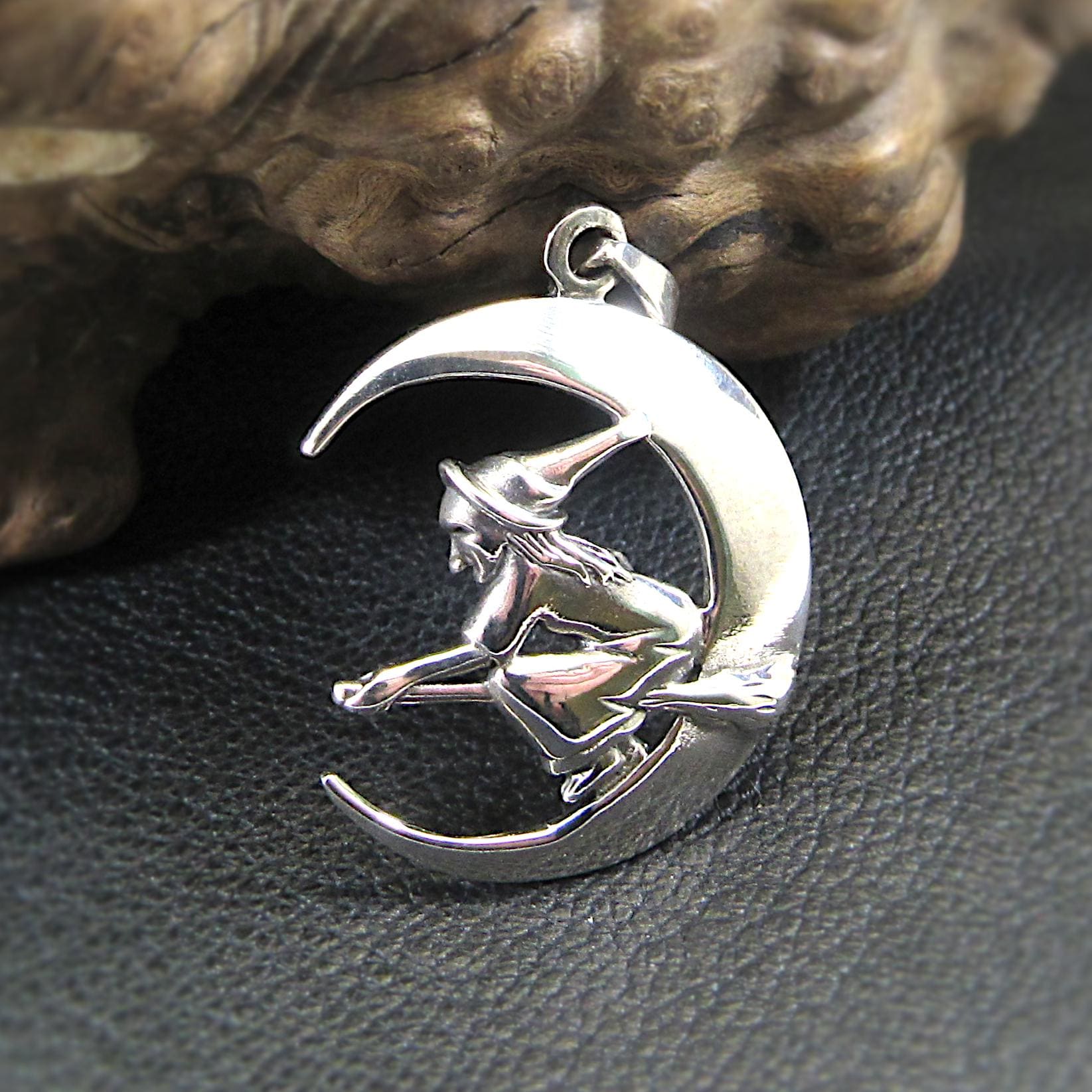 Solid 925 Sterling Silver Witch Flying on Crescent Moon Pendant – Handcrafted Wiccan Jewelry – Witchy Gift Idea – Pagan Crescent Moon Charm